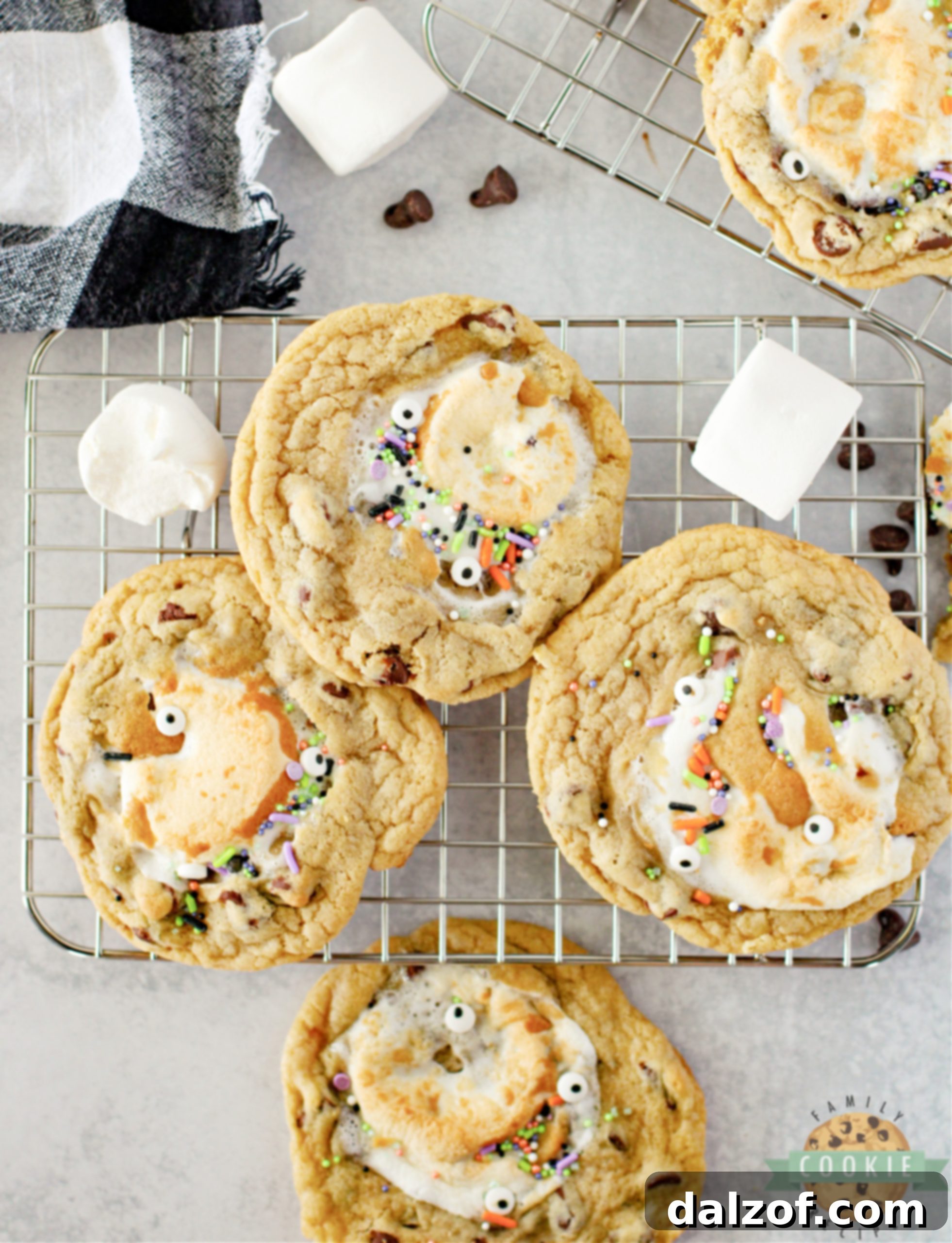 Monster Stuffed S'mores Cookies are chocolate chip cookies stuffed with Hershey bars and marshmallows. Add some monster eyes and festive sprinkles to make perfect Halloween cookies!