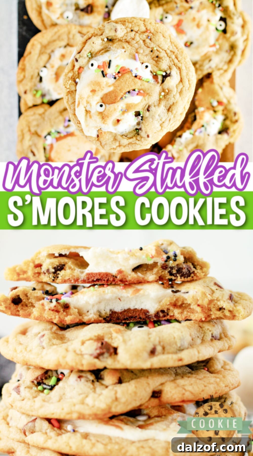 Monster Stuffed S'mores Cookies are chocolate chip cookies stuffed with Hershey bars and marshmallows. Add some monster eyes and festive sprinkles to make perfect Halloween cookies!