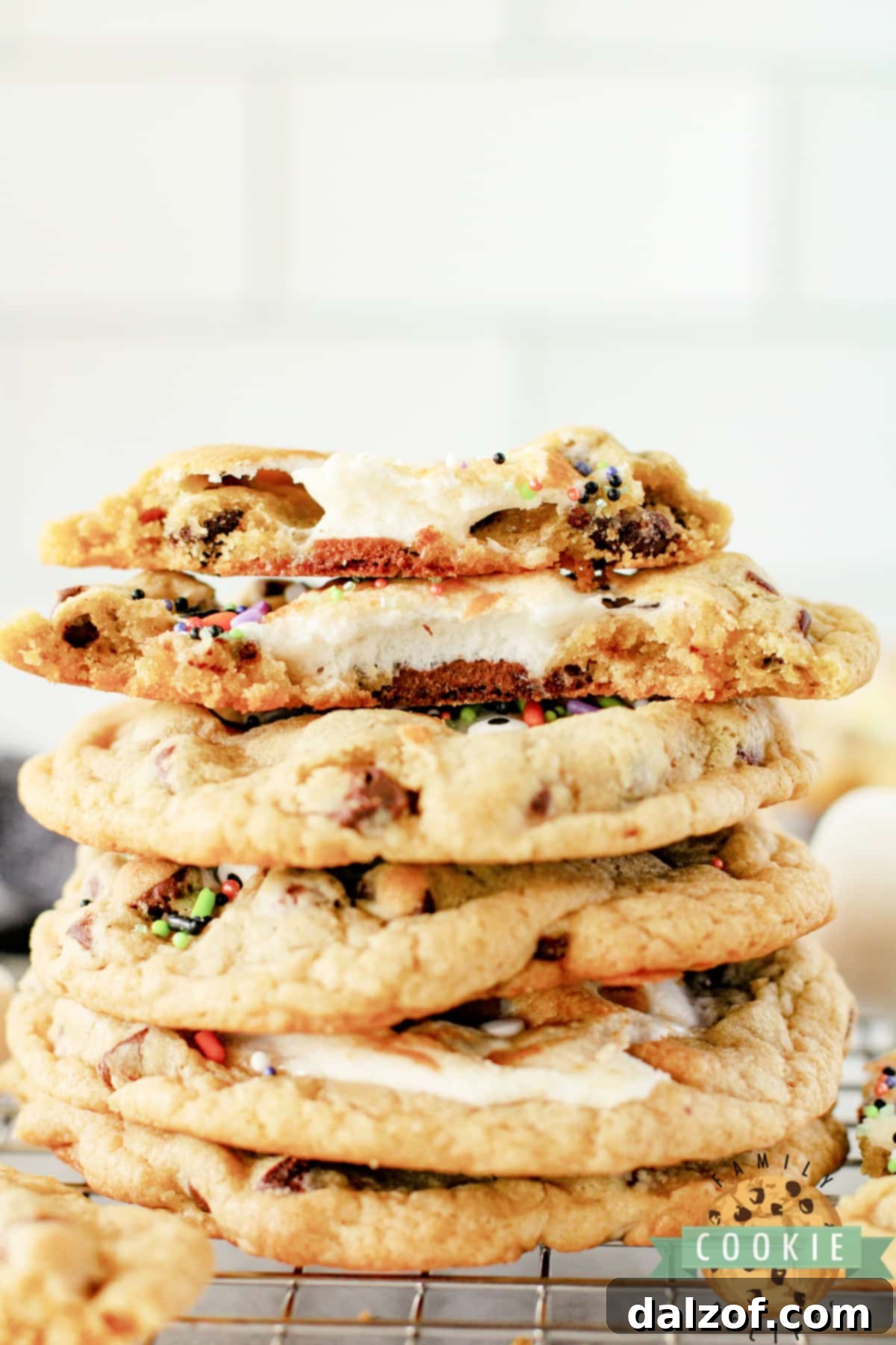 Stack of chocolate chip cookies stuffed with Hershey bars and marshmallows.
