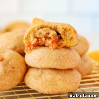 Caramel Stuffed Pumpkin Snickerdoodles, perfectly spiced cinnamon cookies with a gooey caramel center, representing the ideal fall cookie recipe.