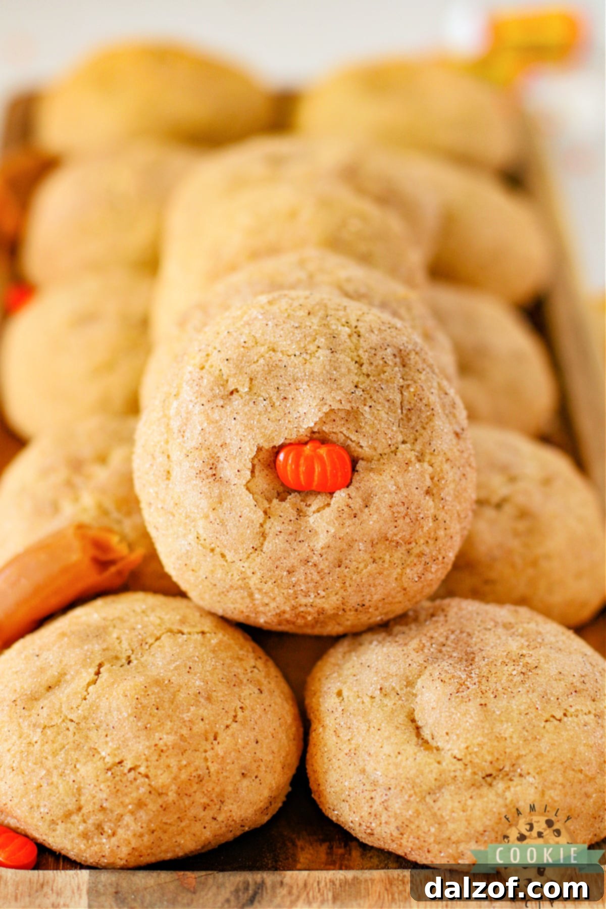 A beautifully composed shot of freshly baked Caramel Stuffed Pumpkin Snickerdoodles, scattered with autumn leaves, embodying the perfect fall cookie recipe.
