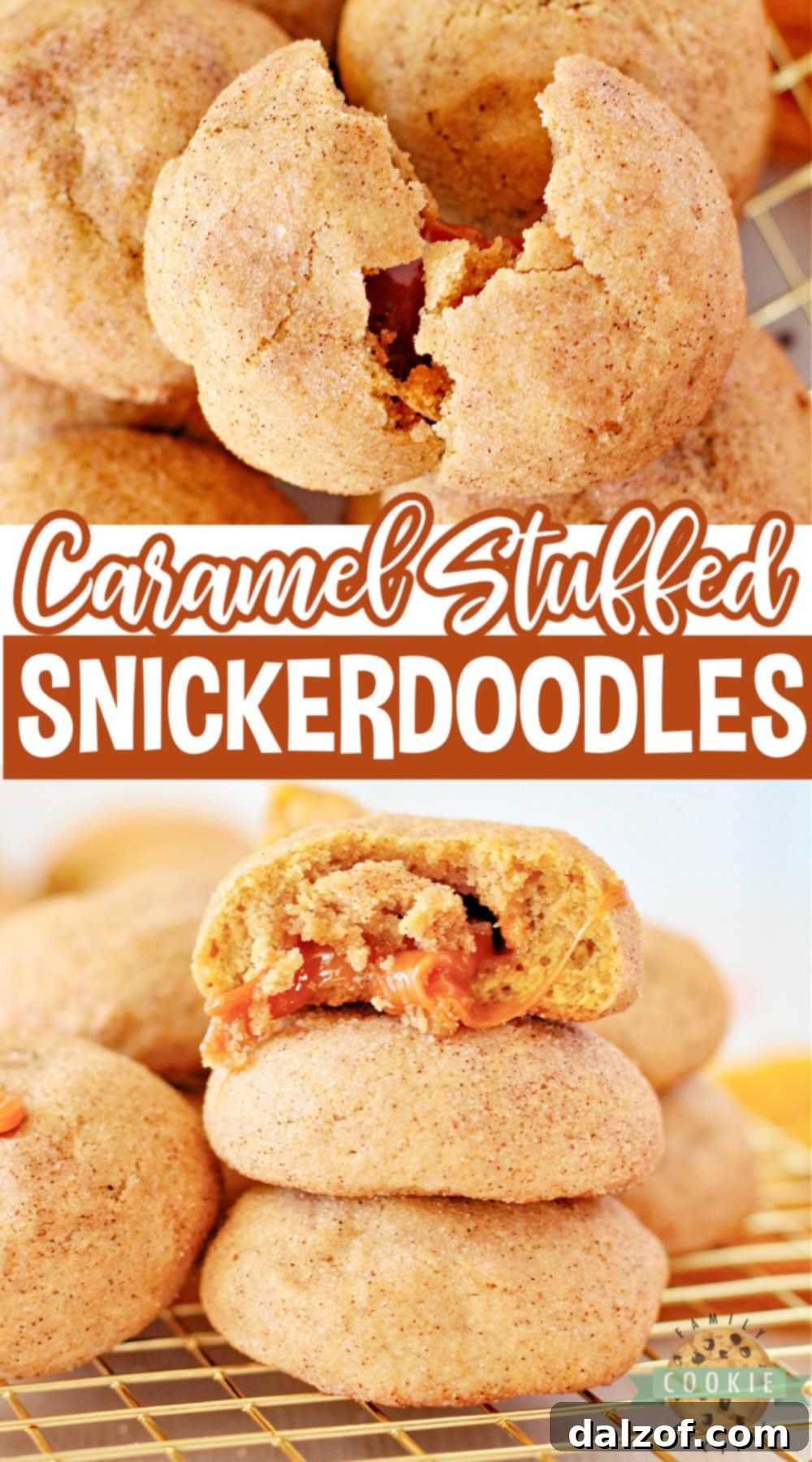 A final captivating image of Caramel Stuffed Pumpkin Snickerdoodles, artfully arranged on a display, ready to be enjoyed, reinforcing their appeal as a perfect fall dessert.