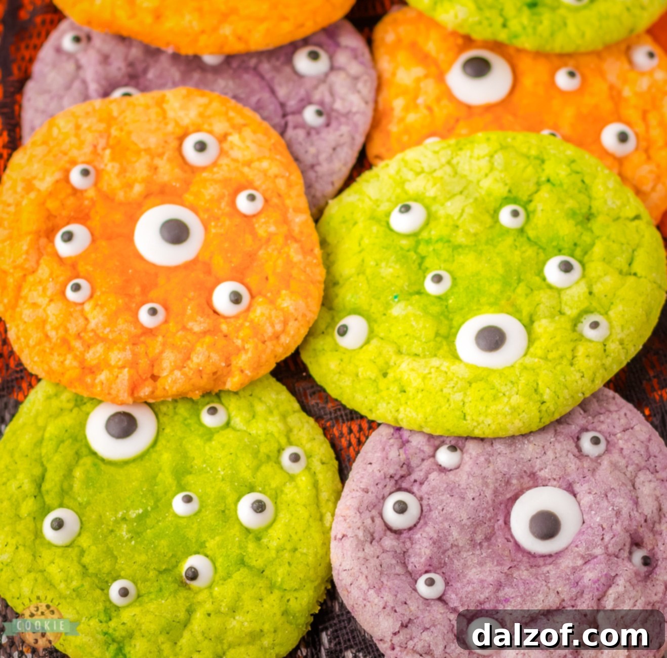 colorful Jello cookies made into monsters with candy eyeballs