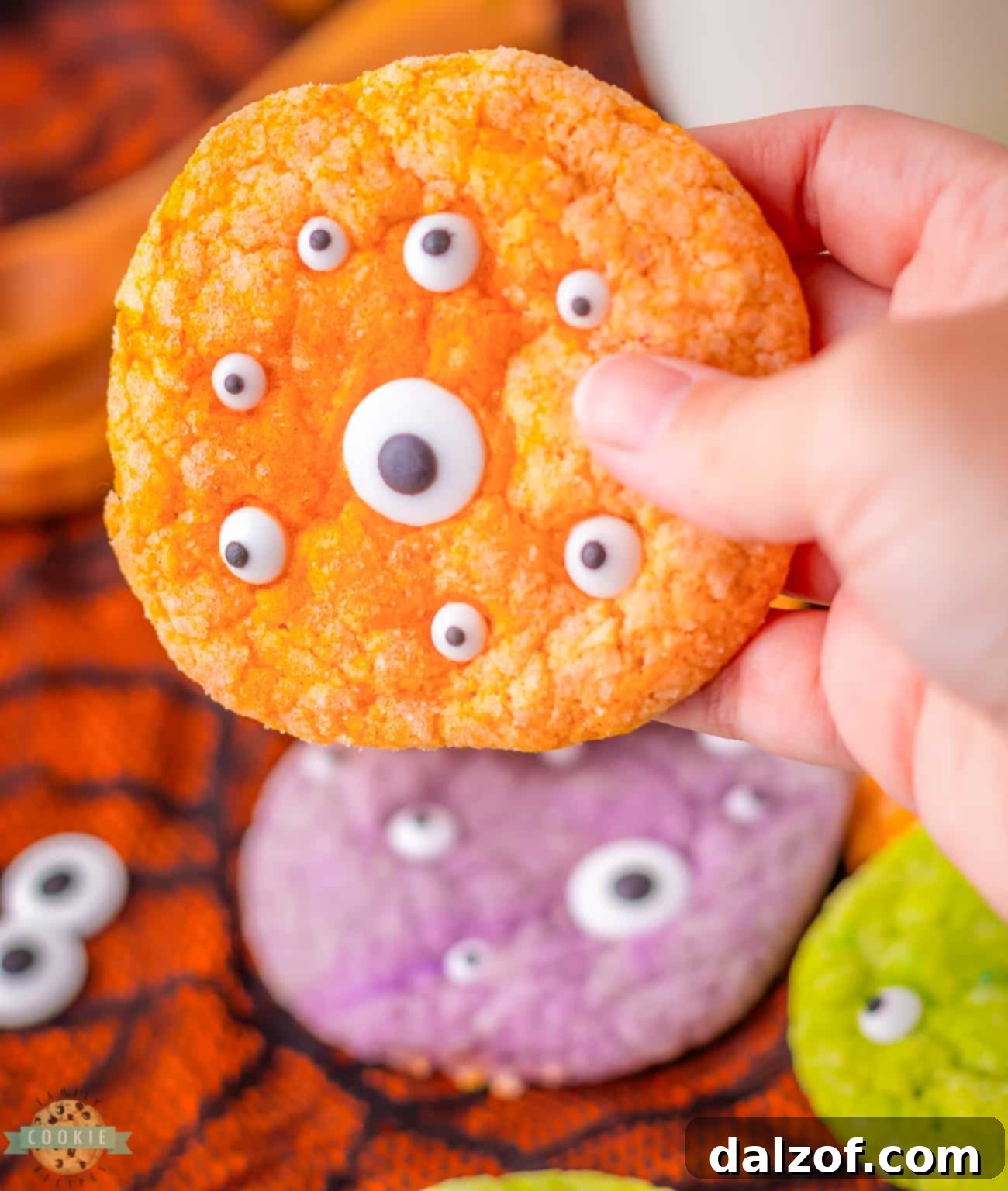 orange Jello cookie with candy eyeballs for Halloween