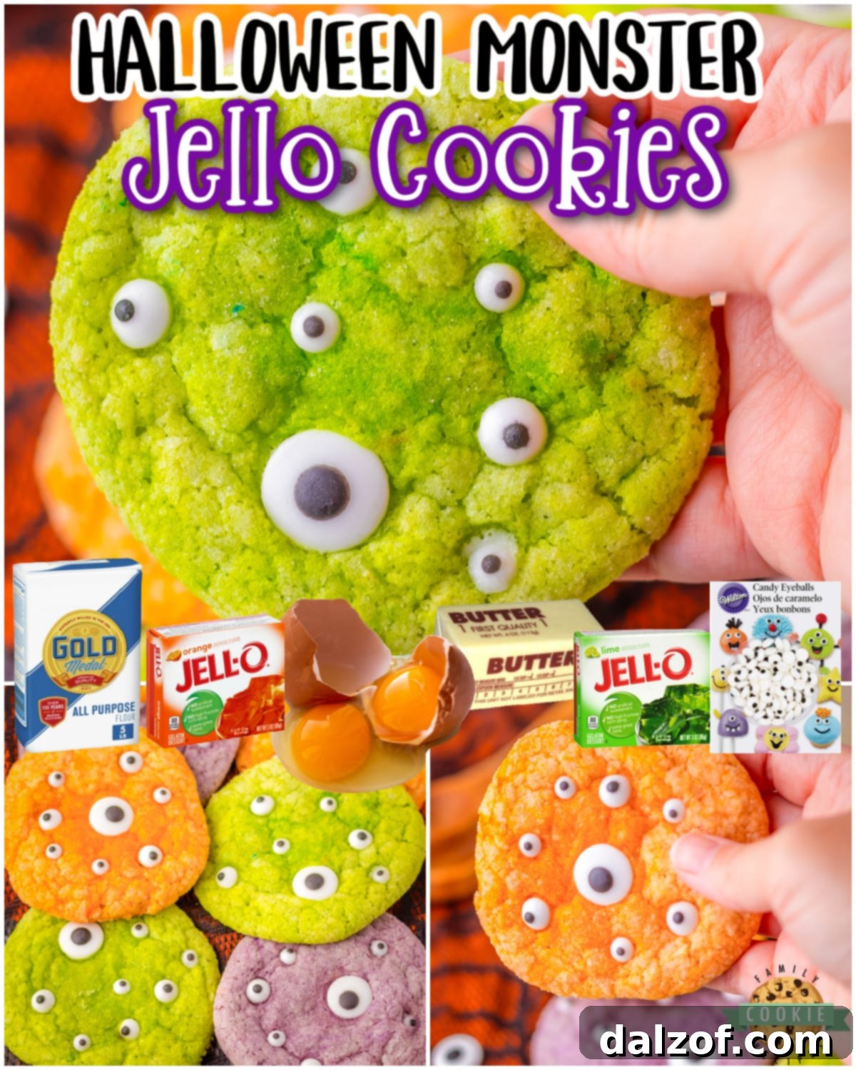 Colorful Monster Jello Cookies are a fun, festive Halloween treat. Chewy butter cookies with great Jello flavor are rolled in sugar and topped with candy eyes!