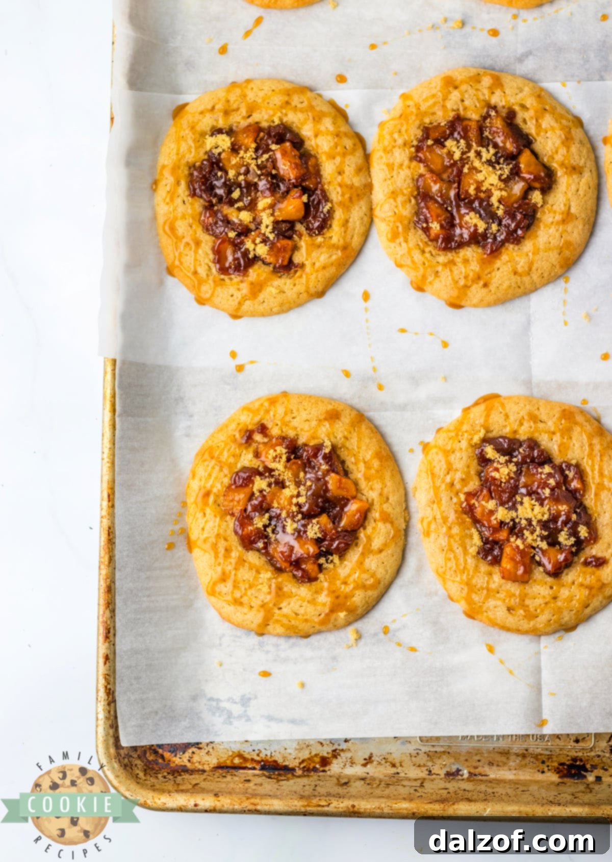 Drizzle caramel and sprinkle brown sugar on top of baked cookies. 