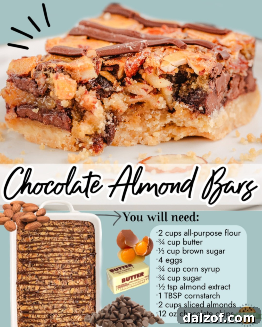 Delightful Chocolate Almond Bars made with a buttery shortbread crust topped with gooey chocolate fudge filling & sliced almonds for a decadent treat!