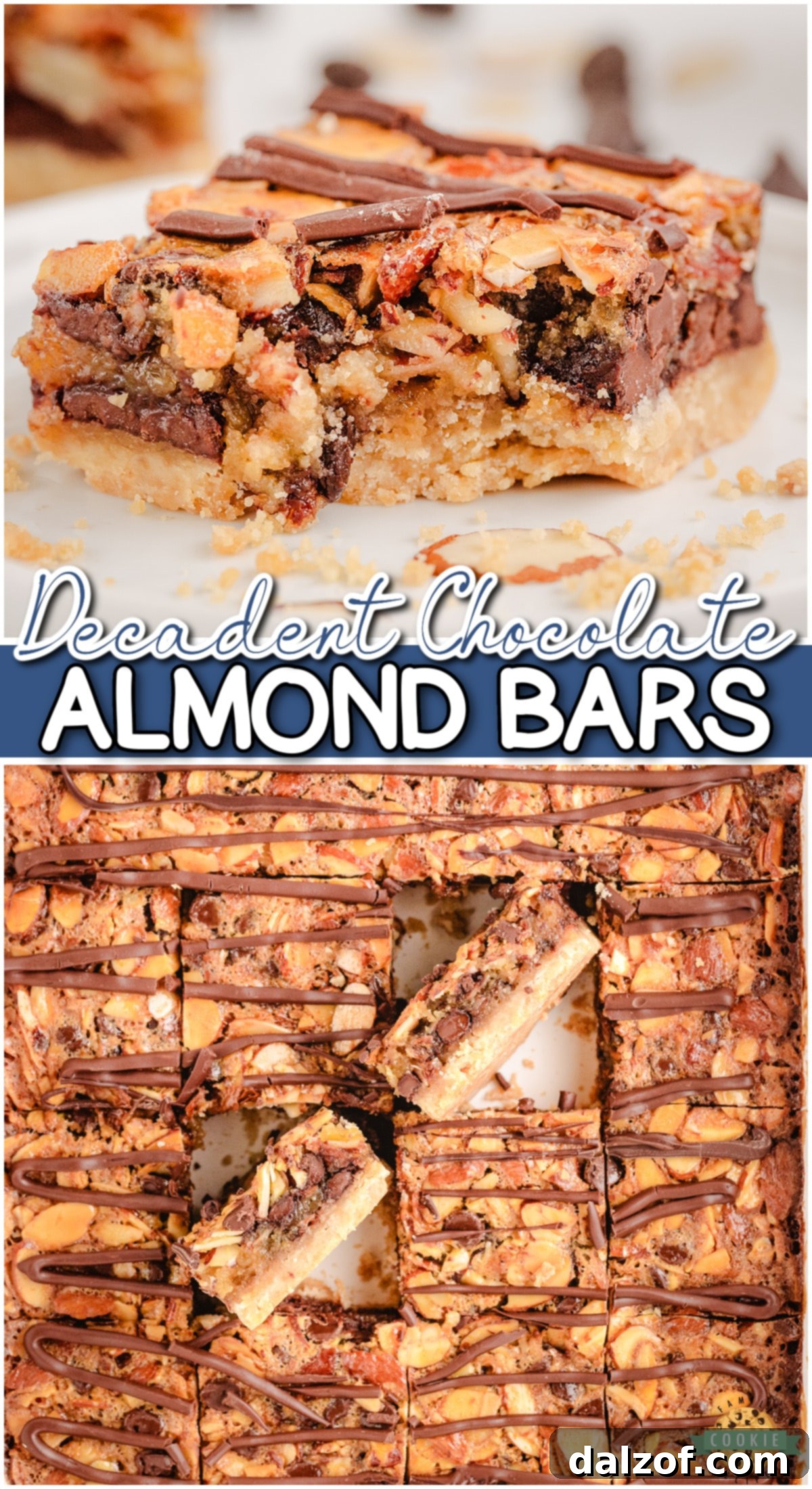 Delightful Chocolate Almond Bars made with a buttery shortbread crust topped with gooey chocolate fudge filling & sliced almonds for a decadent treat!