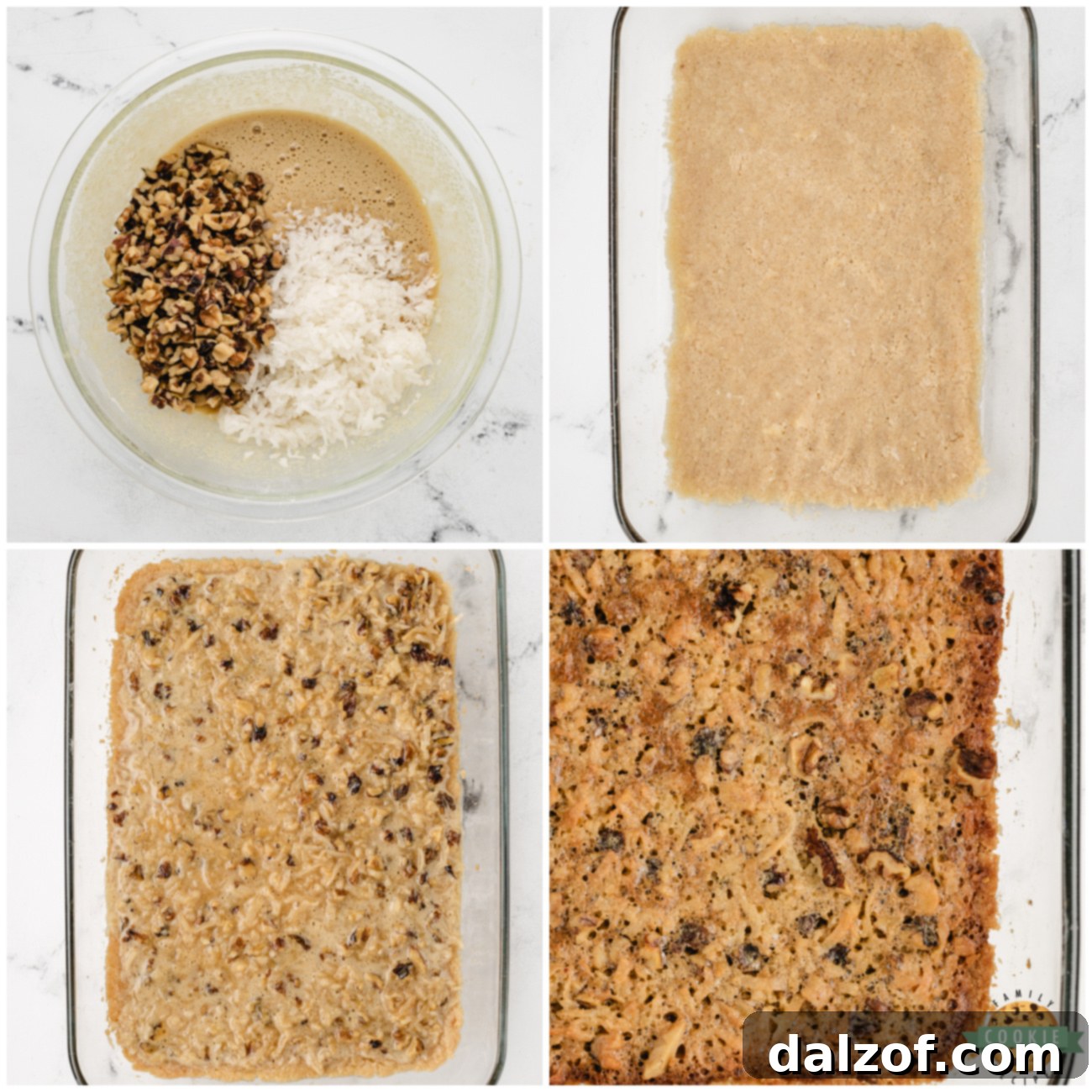 Ingredients for Walnut Coconut Dream Bars laid out, showing flaked coconut, walnuts, eggs, and brown sugar, ready for mixing.