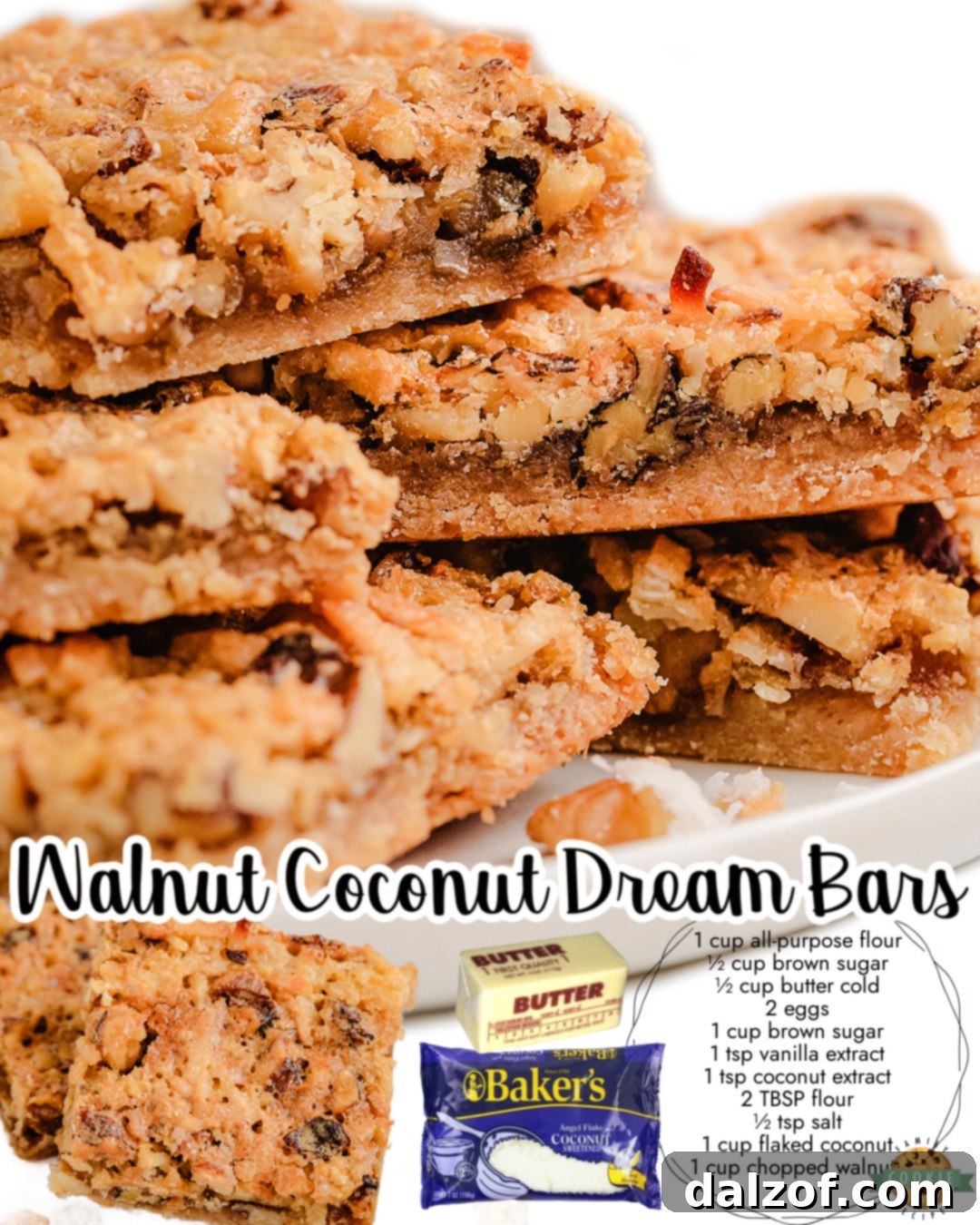Soft & chewy Coconut Dream Bars with a buttery crust and rich brown sugar coconut filling, adorned with walnuts – a perfect golden dessert bar.