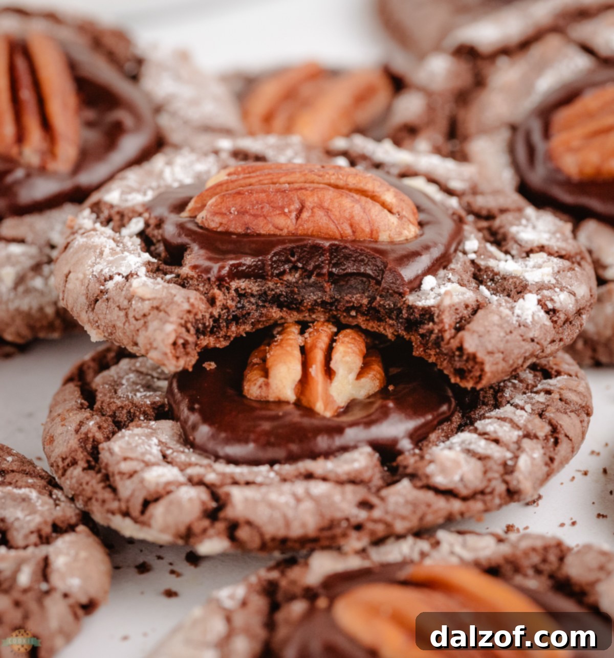 Close-up of a chocolate pecan crinkle cookie with a bite taken out, showcasing its fudgy interior and crinkled surface.