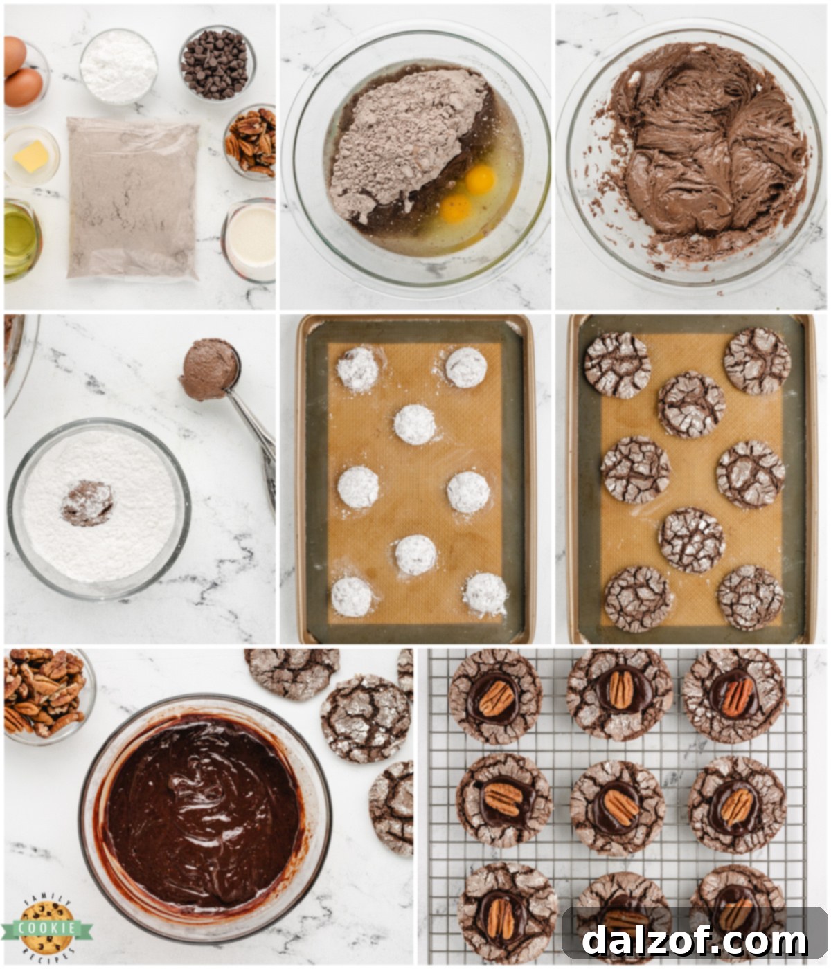 A step-by-step guide showing how to make chocolate pecan crinkle cookies, from mixing ingredients to rolling in powdered sugar.
