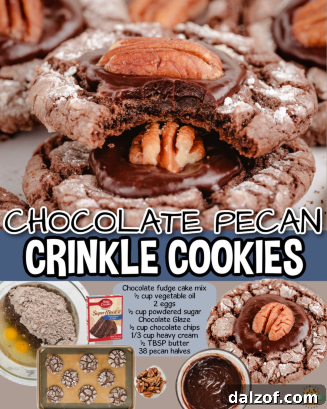 A festive platter of Chocolate Pecan Crinkle Cookies, glazed and topped with pecans, ready for the holiday season.
