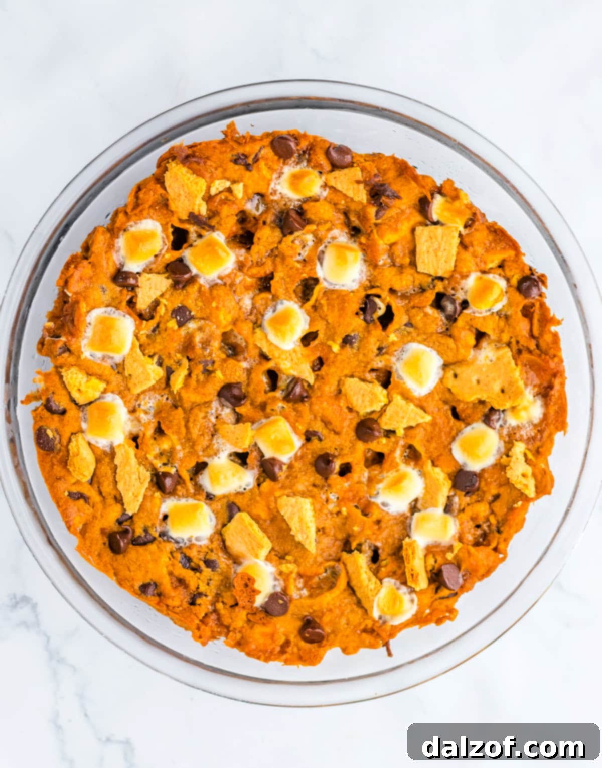 Ooey Gooey Pumpkin S'mores Cookie Cake 12 A freshly baked Pumpkin S’mores Cookie Cake, golden brown around the edges with perfectly toasted marshmallows on top, cooling in a pie pan.
