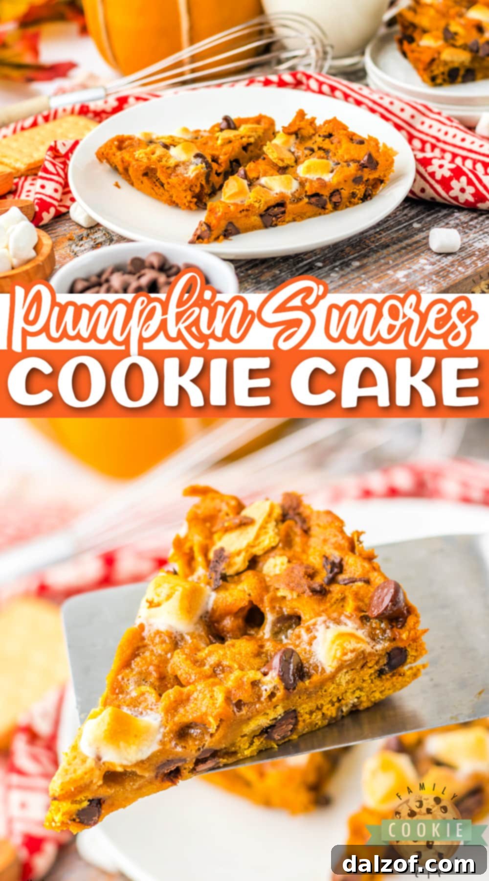 Ooey Gooey Pumpkin S'mores Cookie Cake 17 A beautifully presented Pumpkin S’mores Cookie Cake, generously topped with chocolate chips, mini marshmallows, and graham crackers, ready for a fall celebration.