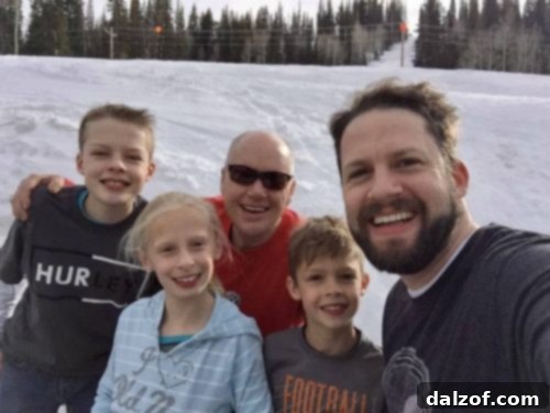 Family skiing trip after a fun day on the slopes