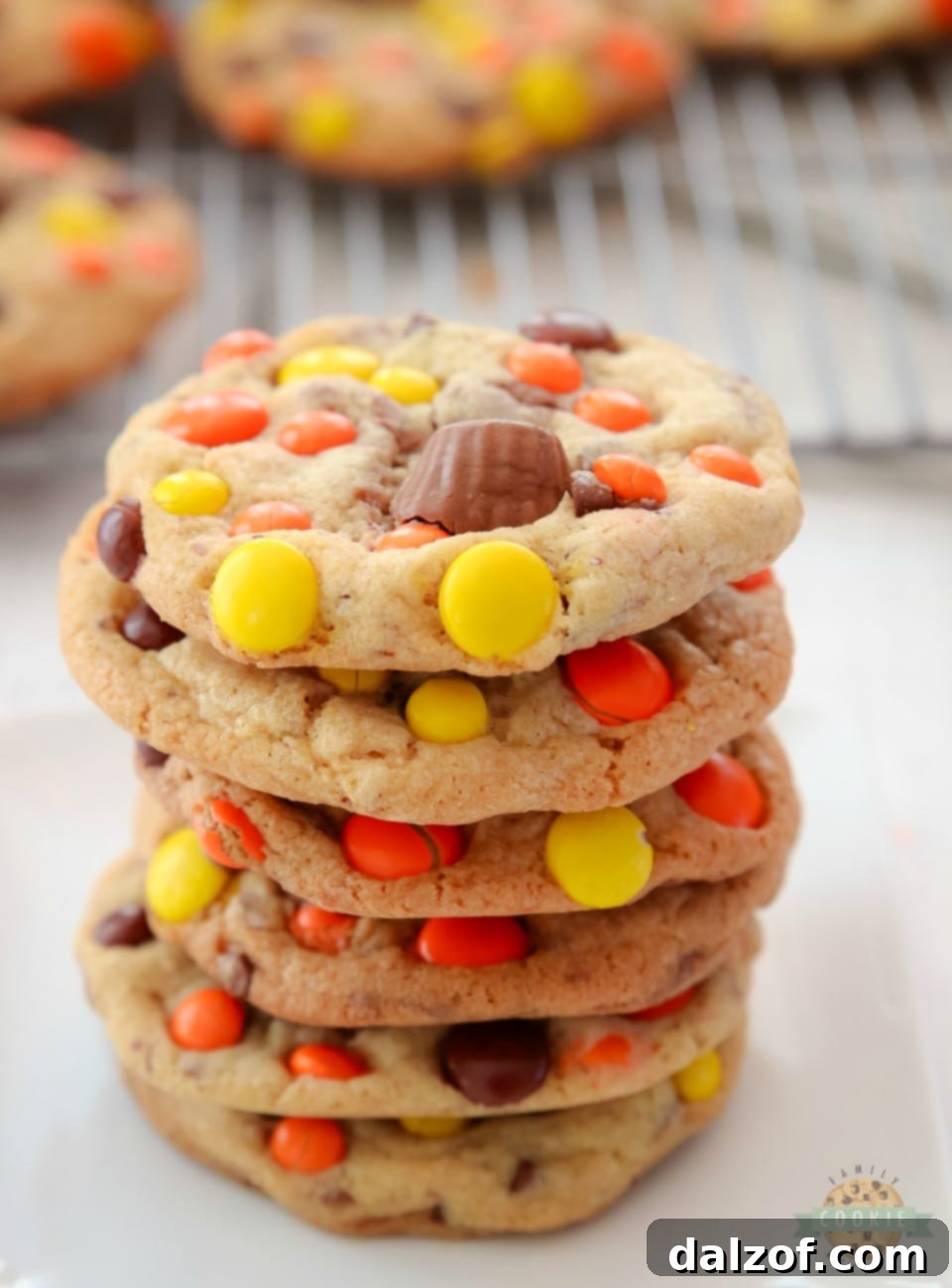 Loaded Reese's Cookies with a generous amount of candies on top