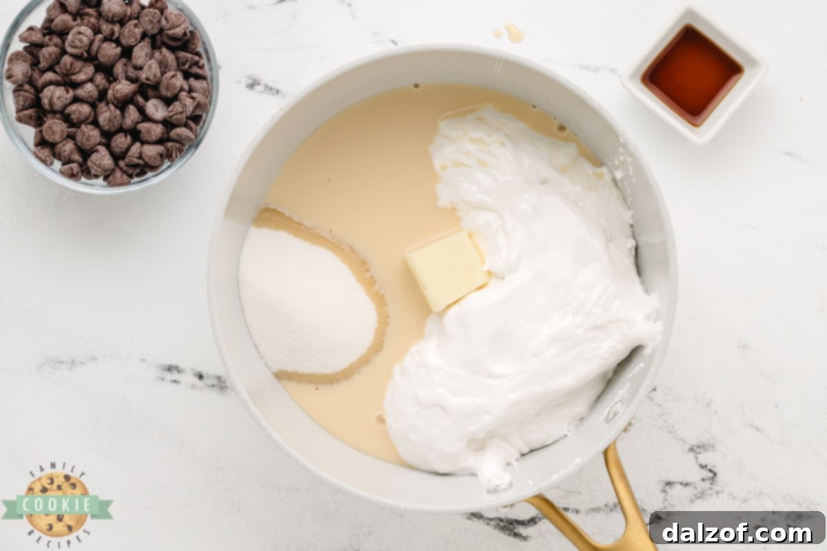 Marshmallow cream, sugar, milk, and butter in a saucepan. 