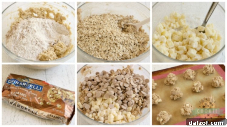 Step by step instructions on how to make oatmeal cookies with apples and caramel chips
