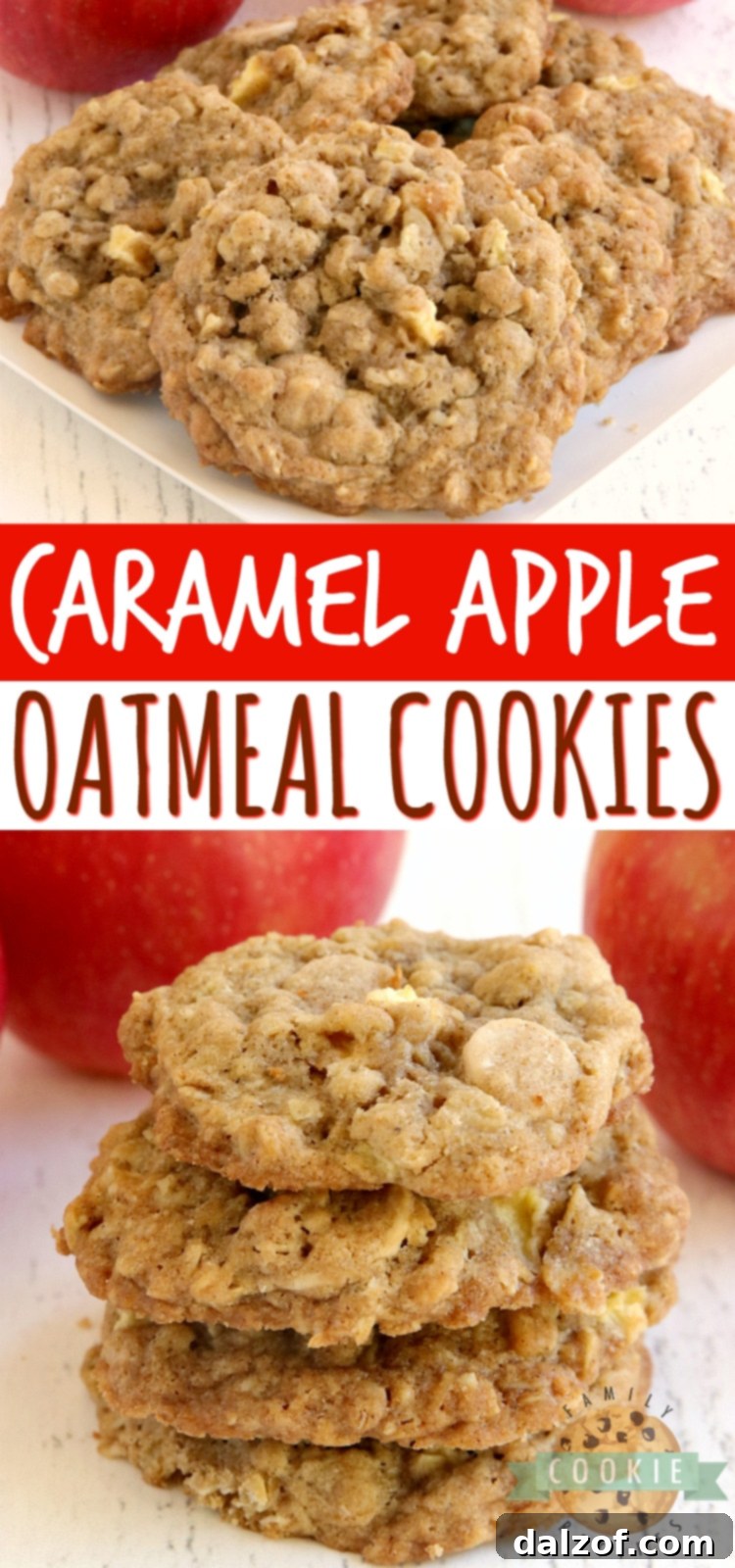 Caramel Apple Oatmeal Cookies are soft, chewy and full of fresh apples and caramel baking chips. Perfect cookie recipe for fall!