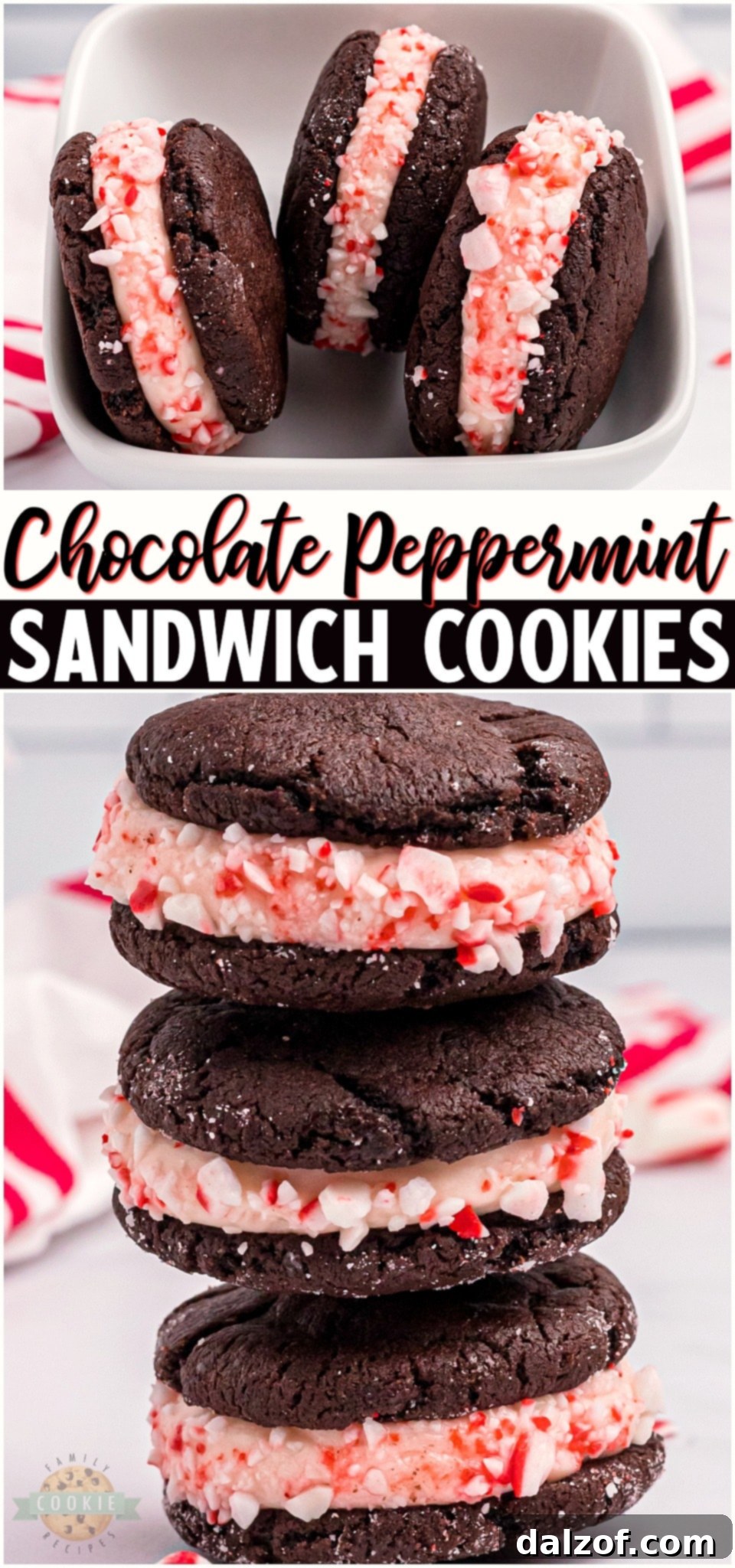 Peppermint Chocolate Sandwich Cookies: a festive holiday treat with chocolate cookies and peppermint cheesecake filling, perfect for gifts!