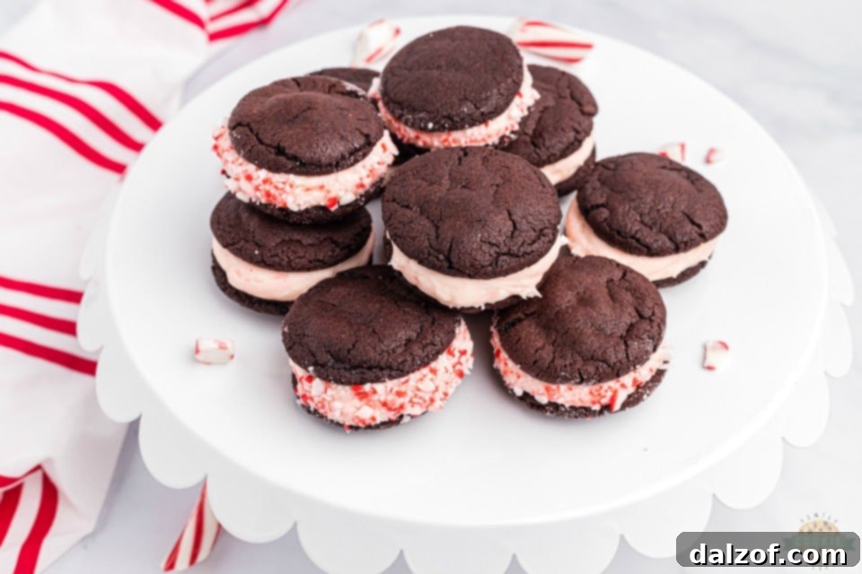 Delicious Holiday Peppermint Chocolate Sandwich Cookies with festive filling