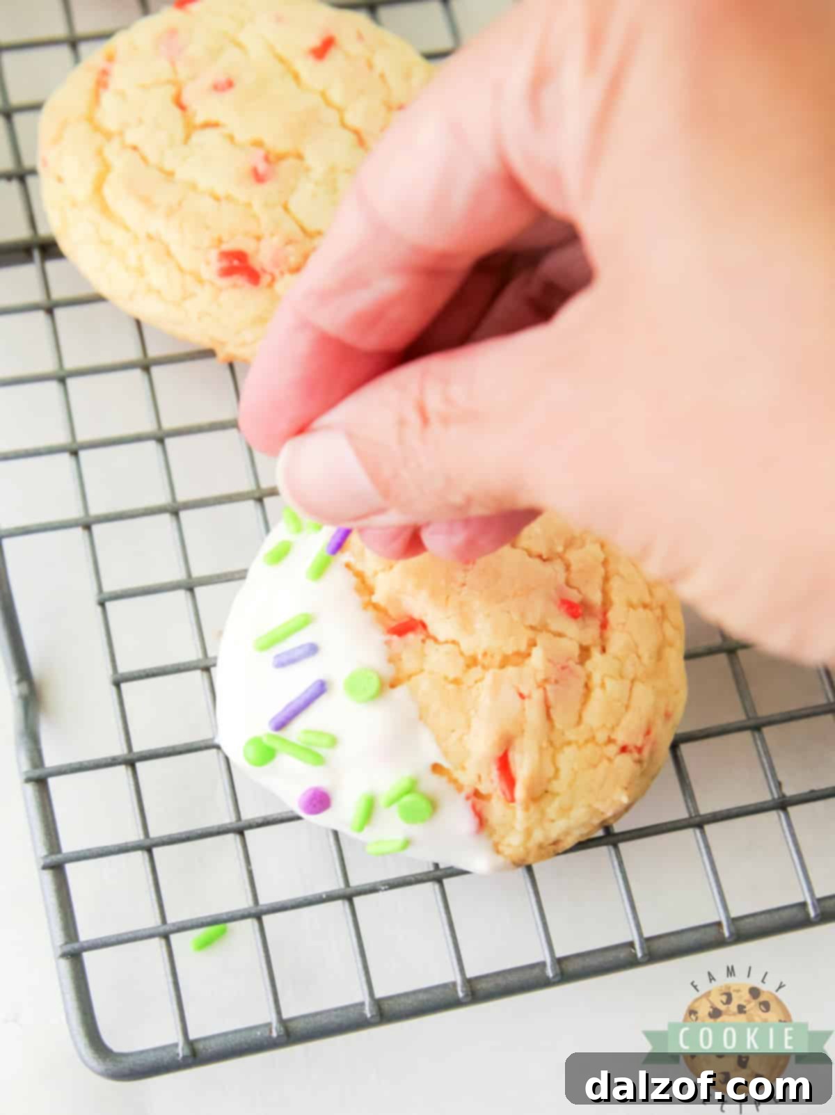 A freshly frosted cake mix cookie being generously adorned with green and purple Halloween sprinkles.