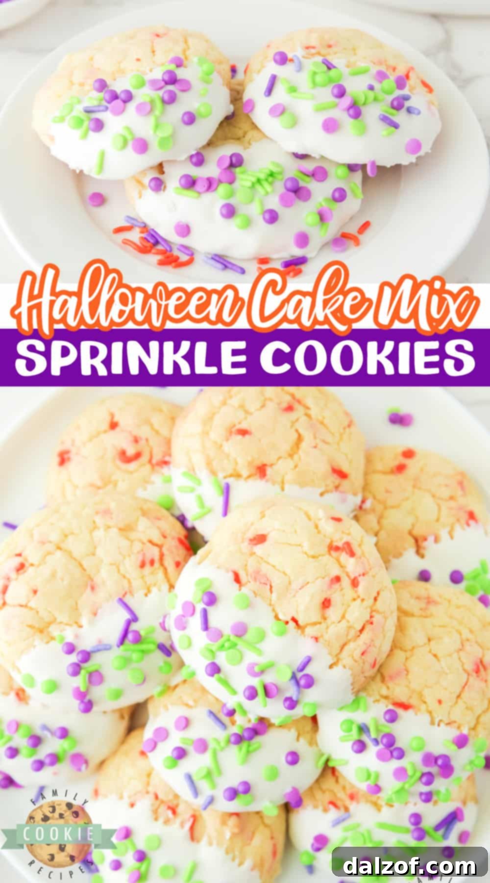 A festive pile of Halloween Cake Mix Sprinkle Cookies, showcasing their vibrant colors and perfect for sharing at holiday events.