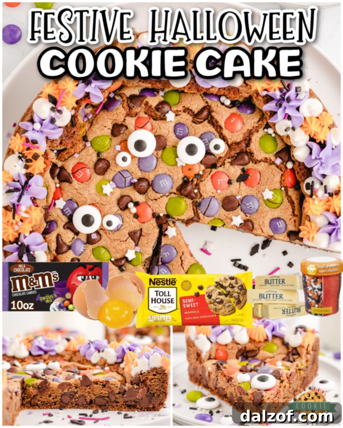 Halloween Cookie Cake that's a fun holiday dessert topped with festive candies & colors! Soft, chewy chocolate chip M&M cookie cake decorated with candy eyeballs for a perfect Halloween treat!