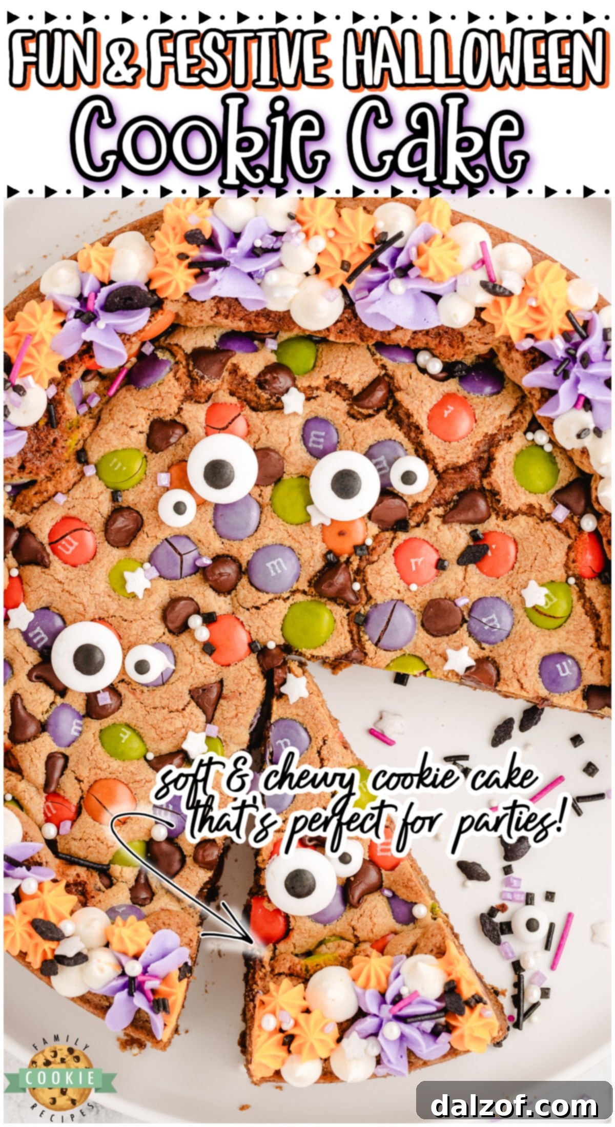 Halloween Cookie Cake that's a fun holiday dessert topped with festive candies & colors! Soft, chewy chocolate chip M&M cookie cake decorated with sprinkles for a perfect Halloween treat!