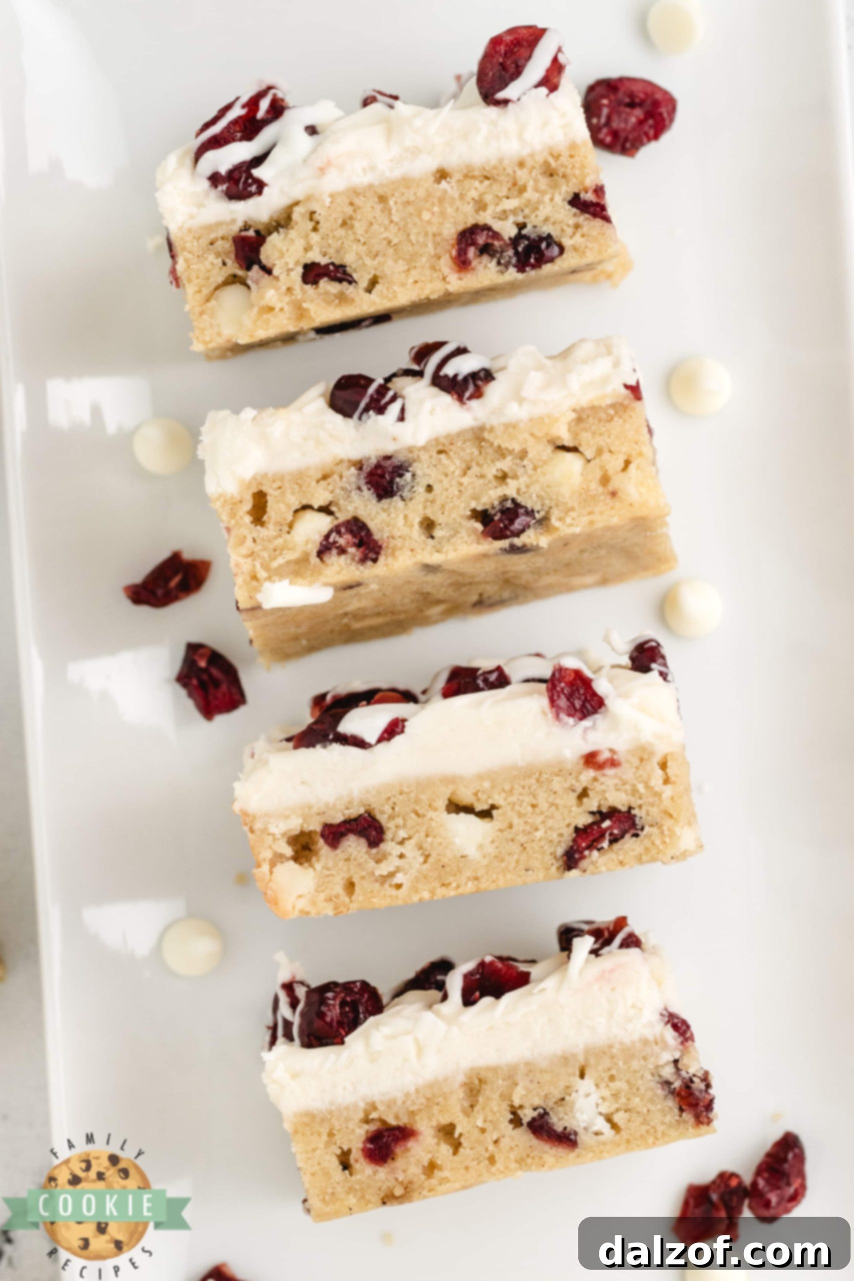 Thick and chewy cookie bars with dried cranberries and white chocolate chips. 