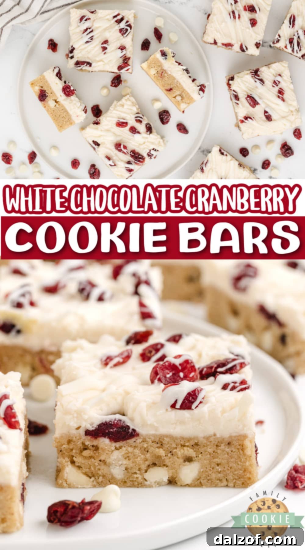 White Chocolate Cranberry Cookie Bars are soft, chewy, and covered with cream cheese frosting and a white chocolate drizzle. This is a fantastic cookie bar recipe that is perfect for fall!