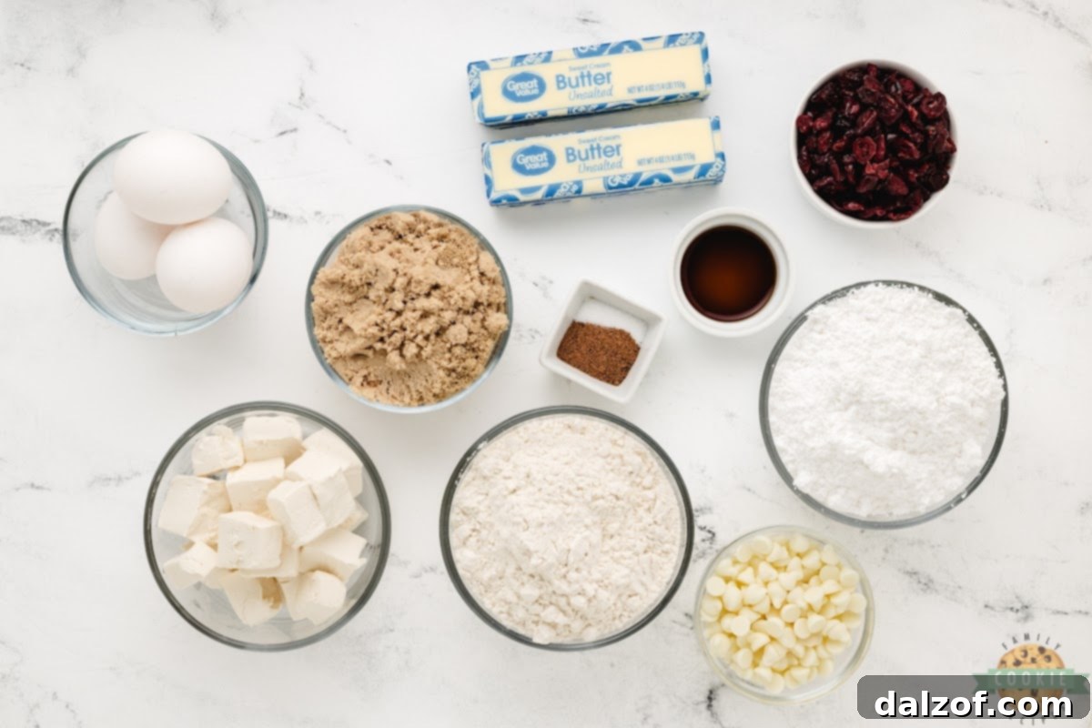 Ingredients in White Chocolate Cranberry Cookie Bars. 