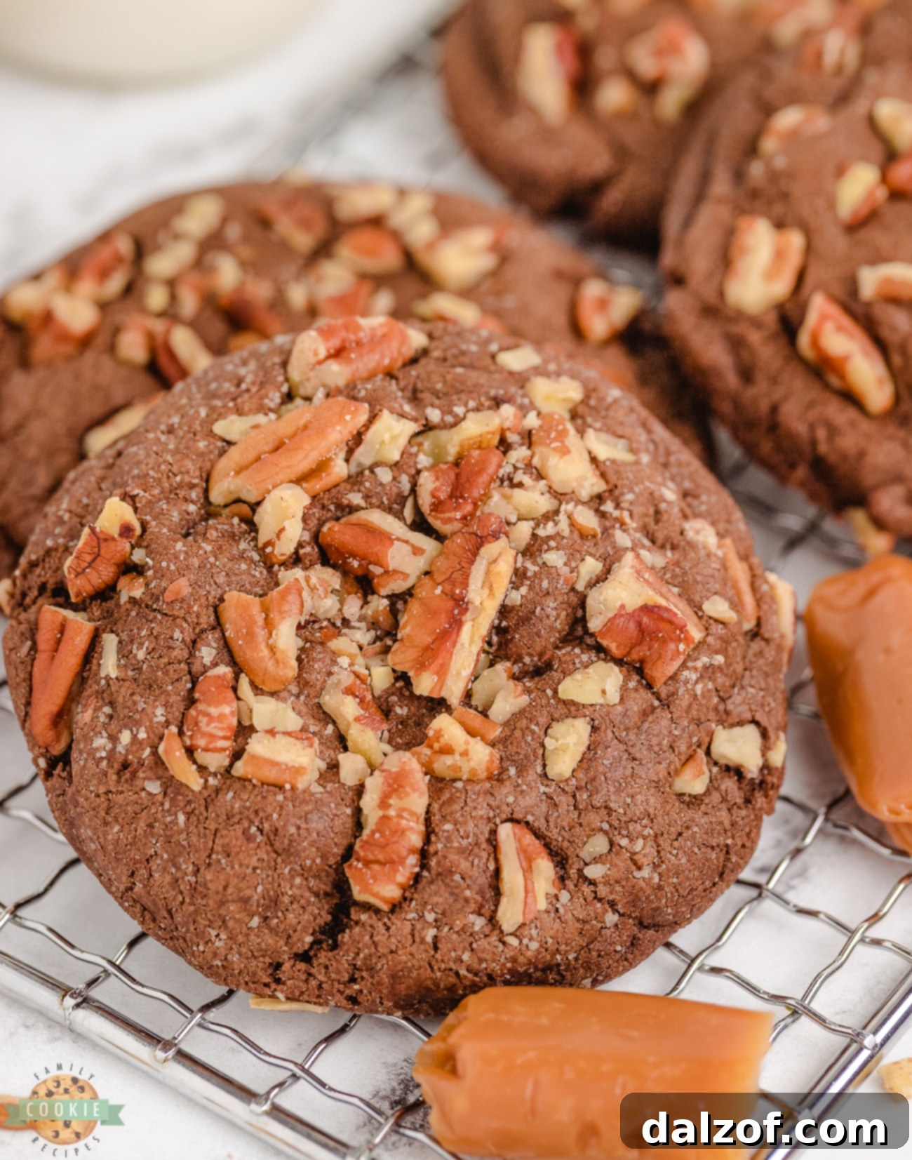 chocolate cookies stuffed with caramel and rolled in pecans