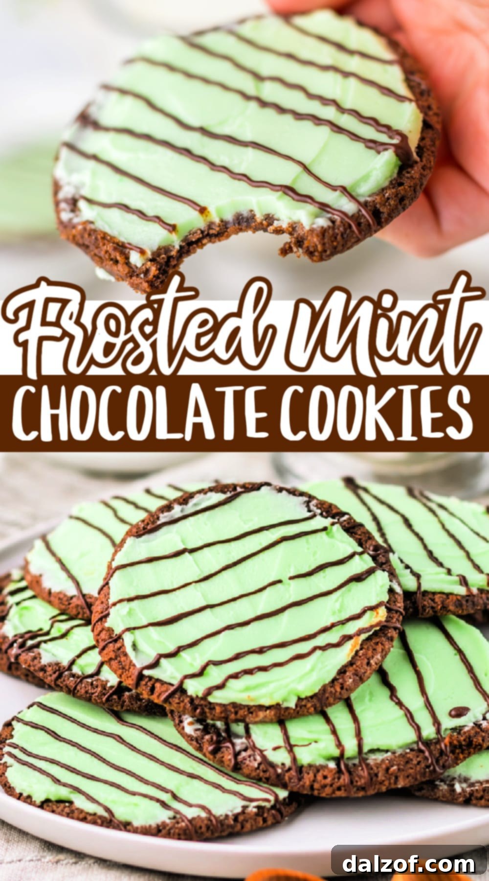 A stunning close-up of Frosted Mint Chocolate Cookies, perfectly frosted and drizzled, creating an irresistible visual appeal.