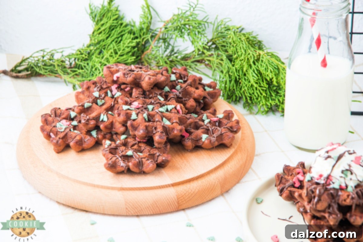 A festive close-up of Christmas Chocolate Waffle Cookies on a holiday platter.