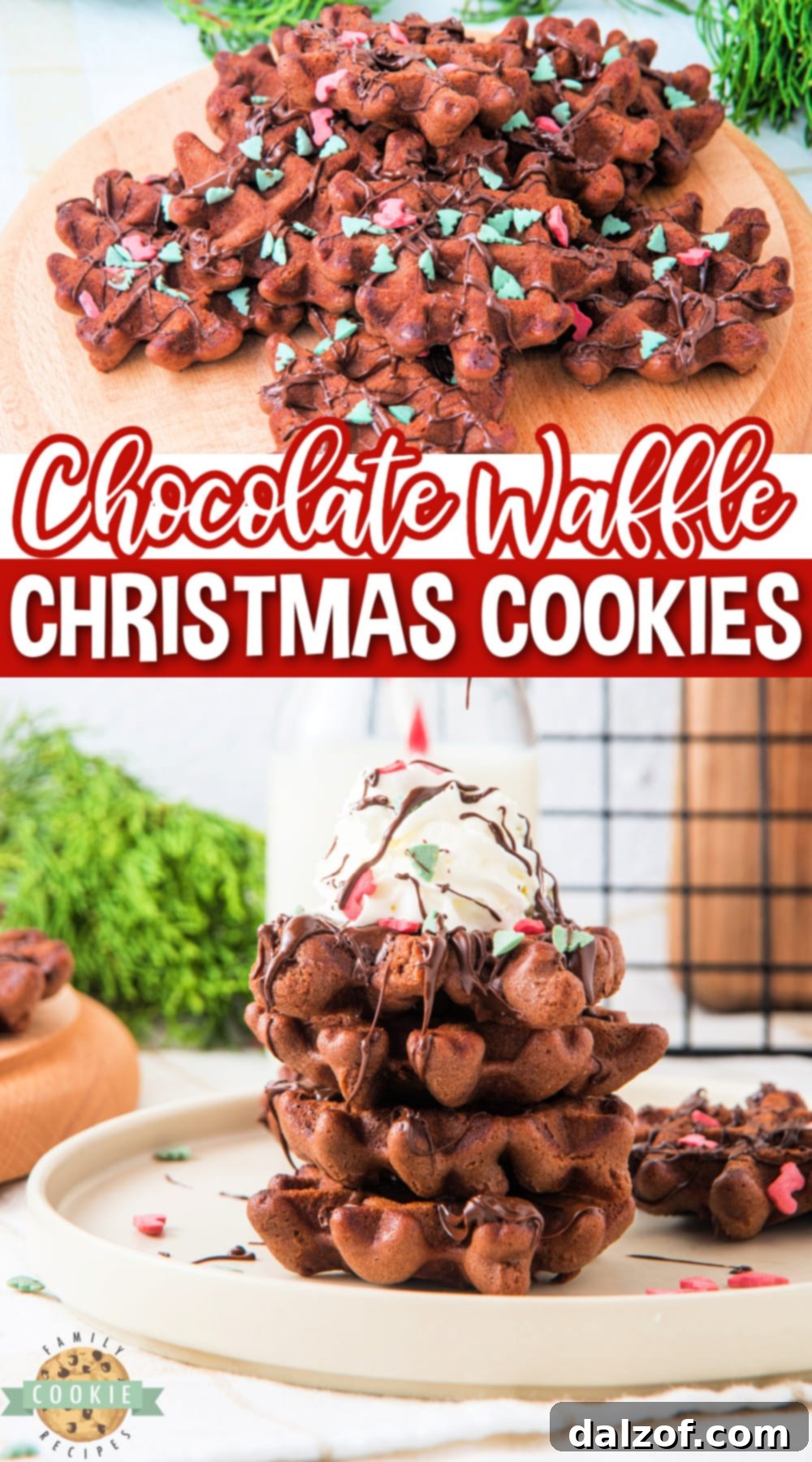 A large pile of freshly baked Christmas Chocolate Waffle Cookies, garnished with festive sprinkles.