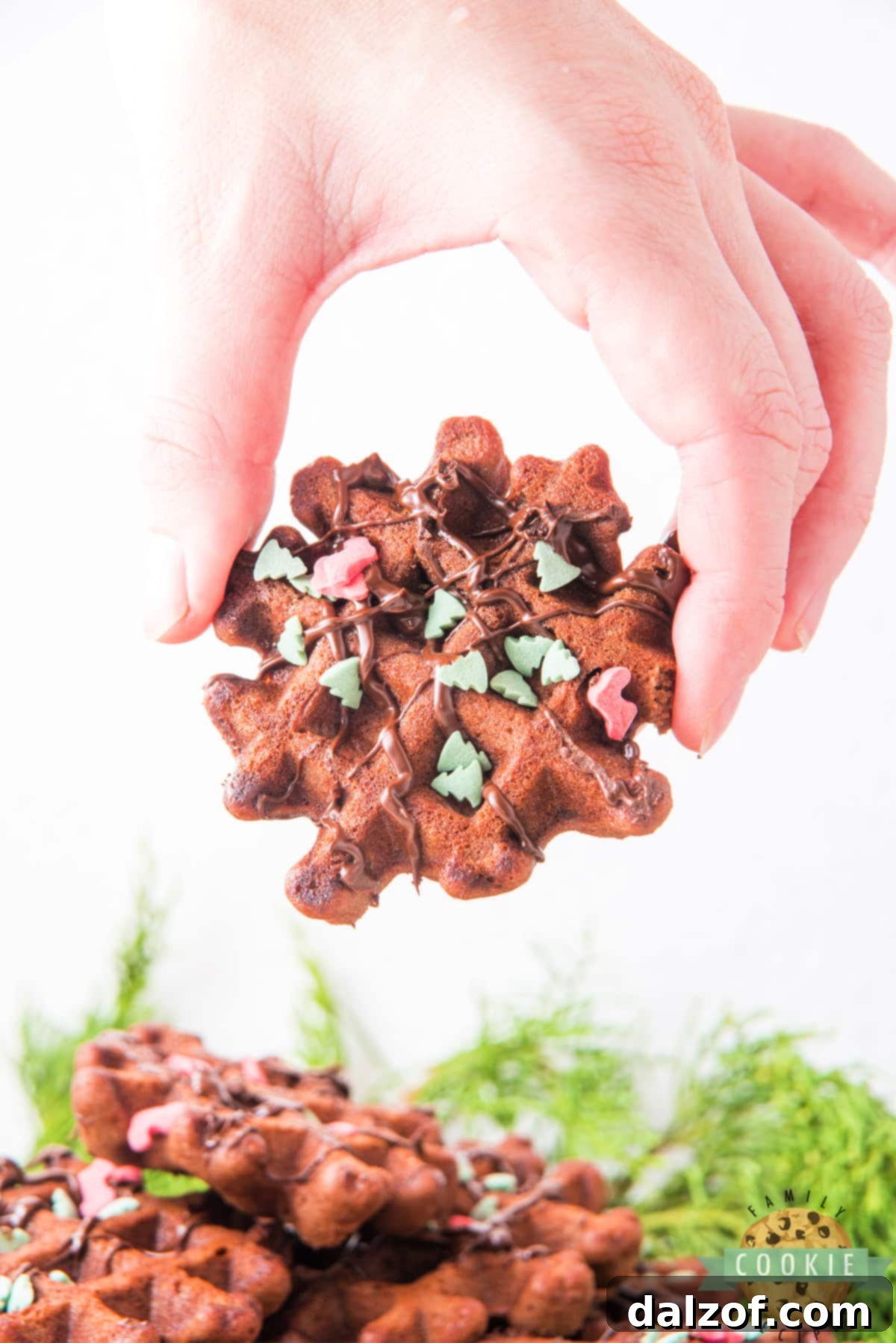 Close-up of freshly made chocolate cookies with a waffle texture, ready to be served.