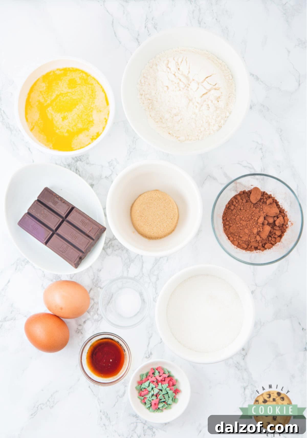 All the essential ingredients neatly laid out for Christmas Chocolate Waffle Cookies recipe.