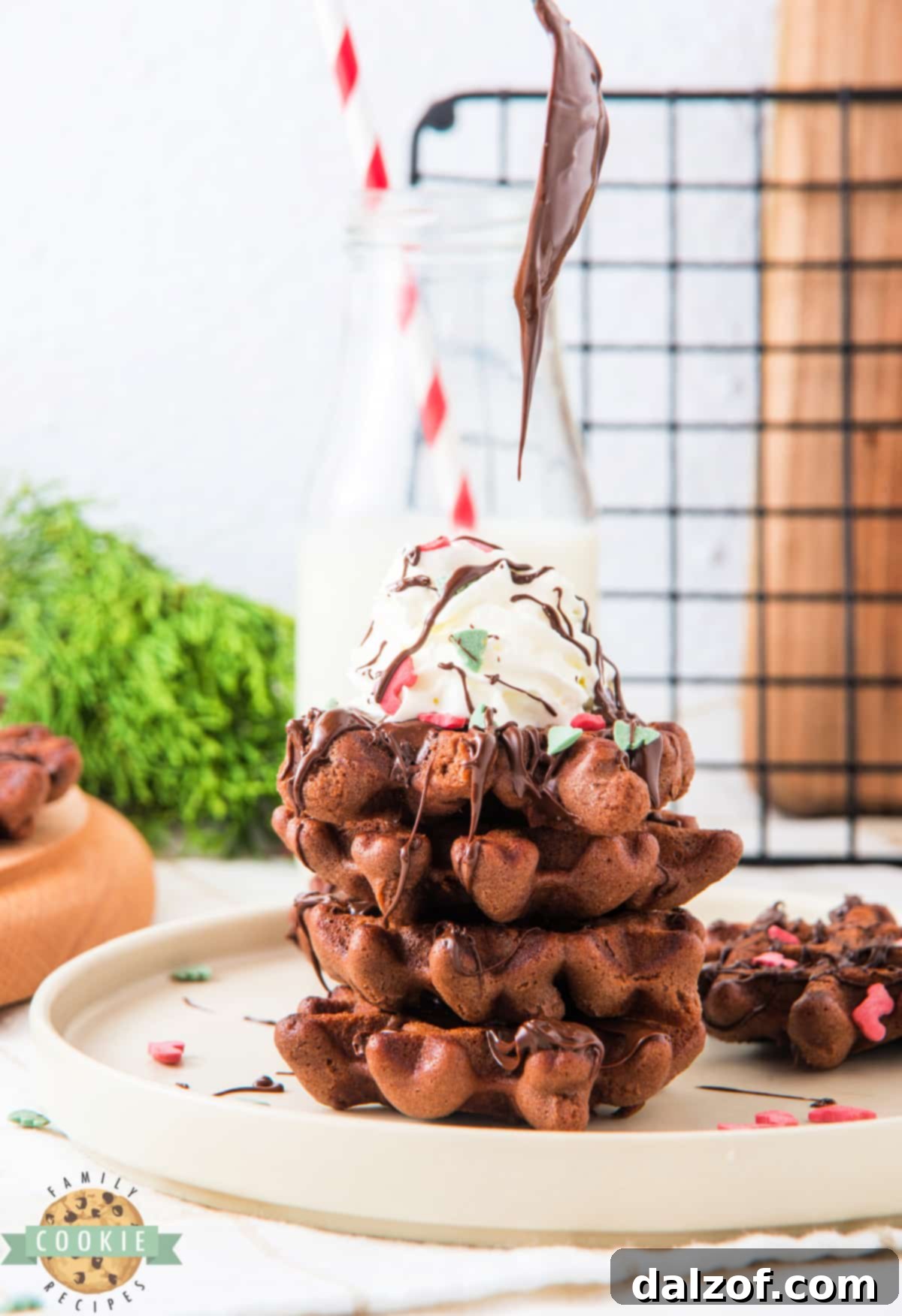 Stack of warm chocolate waffle cookies topped with a generous swirl of whipped cream.