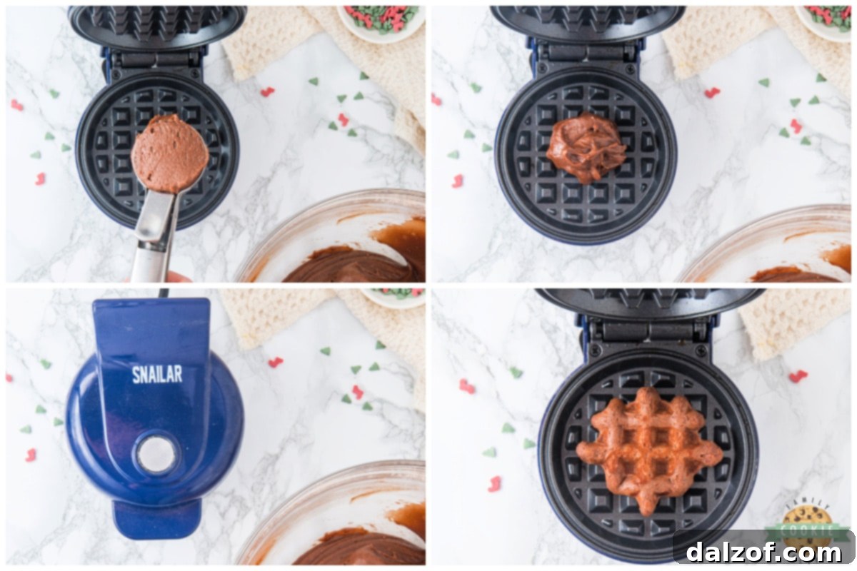 Cookie dough cooking in a preheated waffle maker, showing the grid pattern forming.