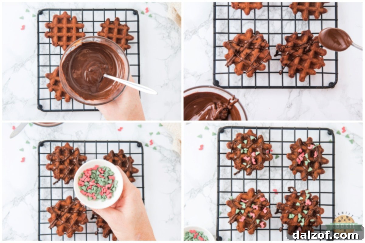 Decorating chocolate waffle cookies with melted chocolate drizzle and festive holiday sprinkles.