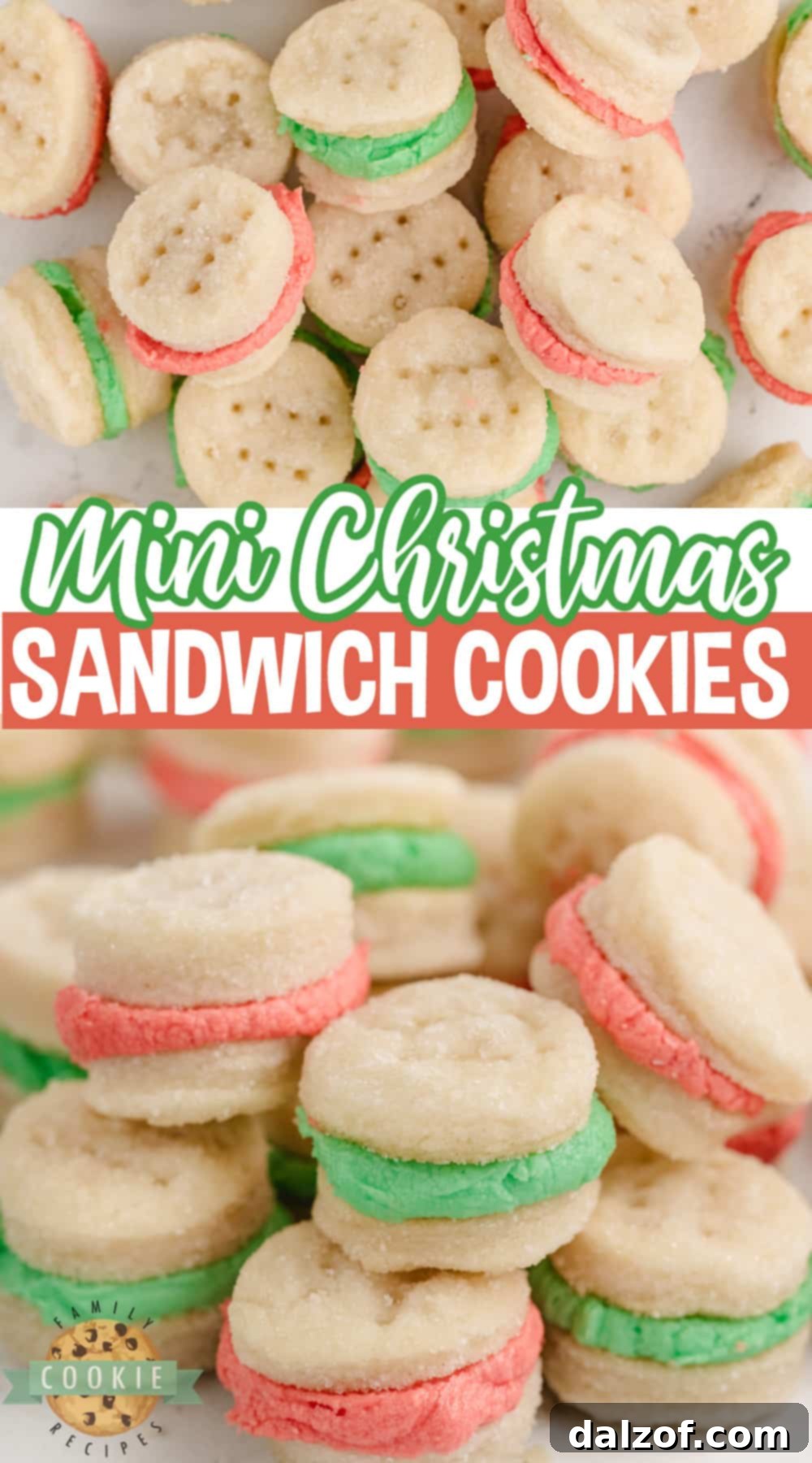 Mini Christmas Sandwich Cookies are the perfect holiday treat! These tiny shortbread cookies with a simple buttercream frosting sandwiched in between are easy to make and fun to eat.