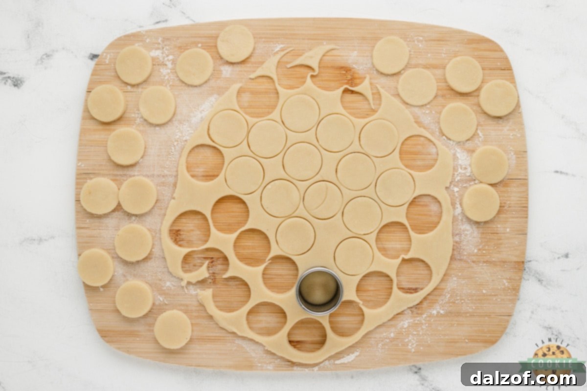 Small round cookie dough pieces meticulously cut and arranged on a baking sheet.