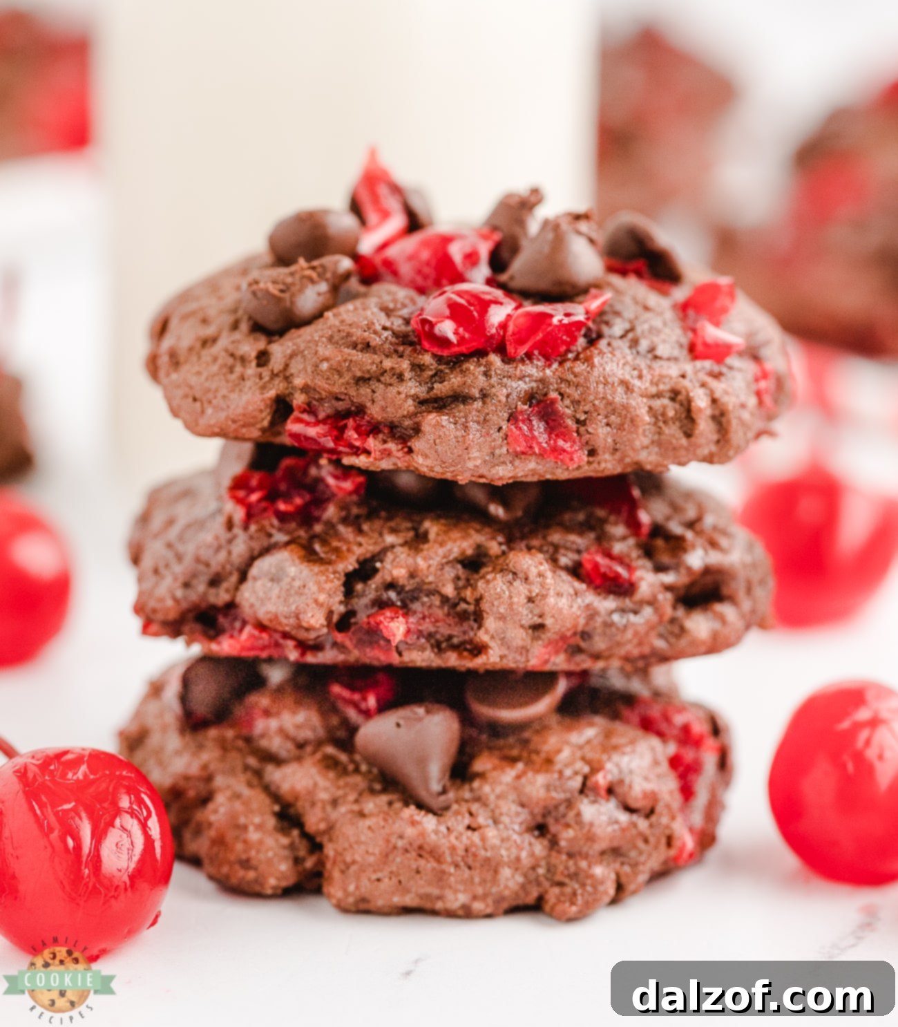 A stack of perfectly baked double chocolate cherry cookies, showcasing their rich color and delicious texture, ready to be enjoyed.