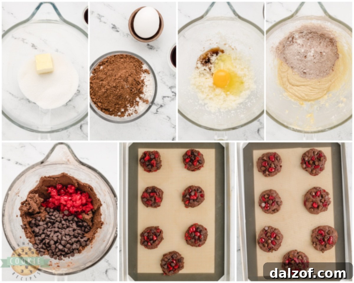 A step-by-step visual guide demonstrating how to prepare the dough for cherry chocolate cookies, showing ingredients and mixing process.