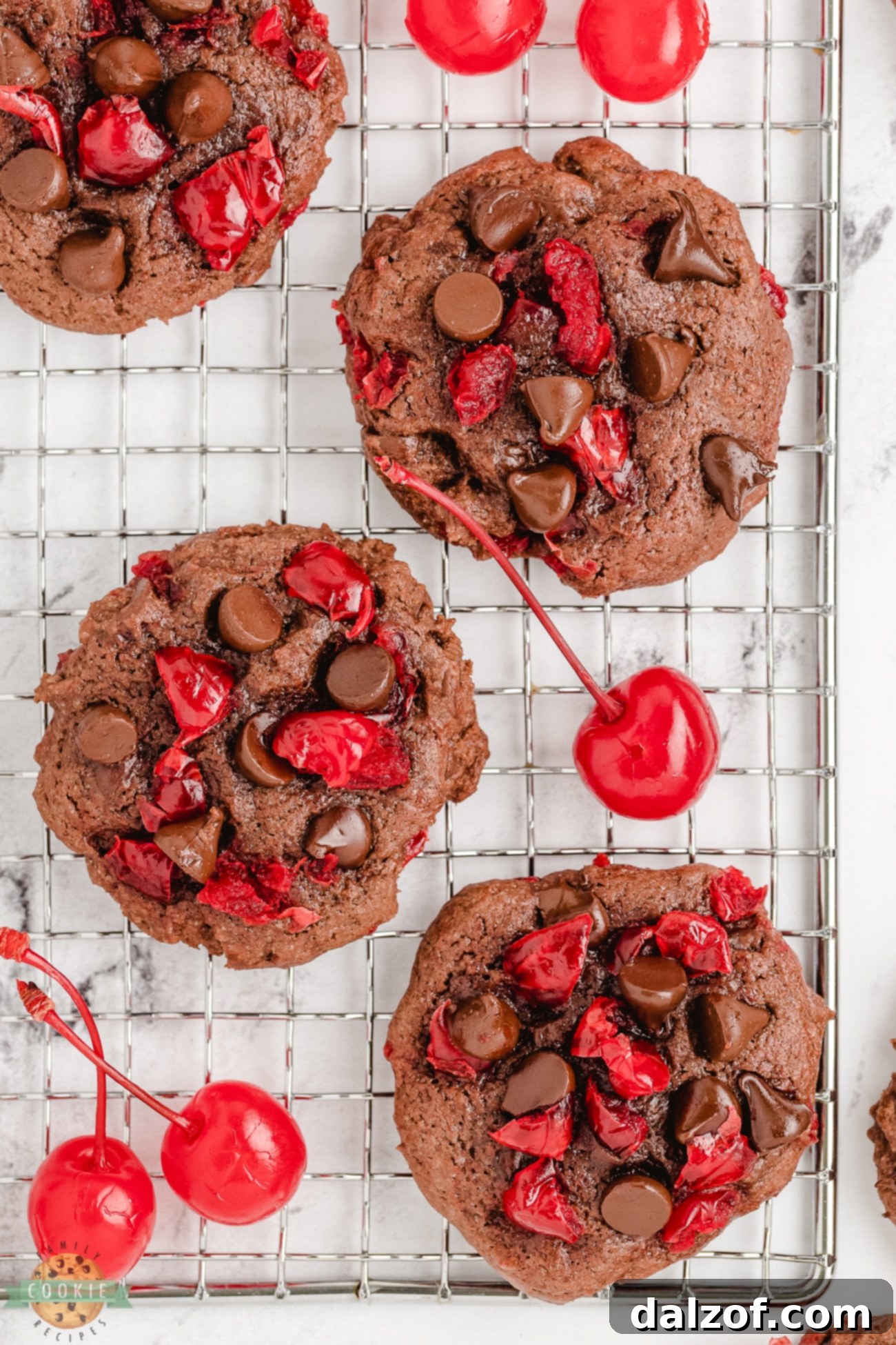 Freshly baked chocolate cherry cookies cooling on a wire rack, steam gently rising, highlighting their perfect texture and readiness to be enjoyed.