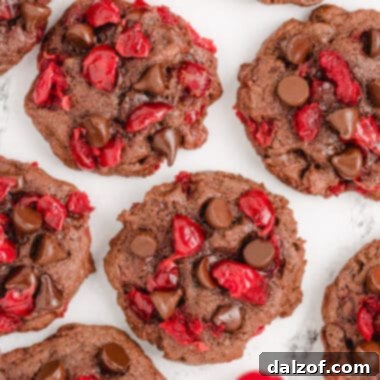 Delicious double chocolate cookies with vibrant cherries baked in, perfect for any chocolate and fruit lover.