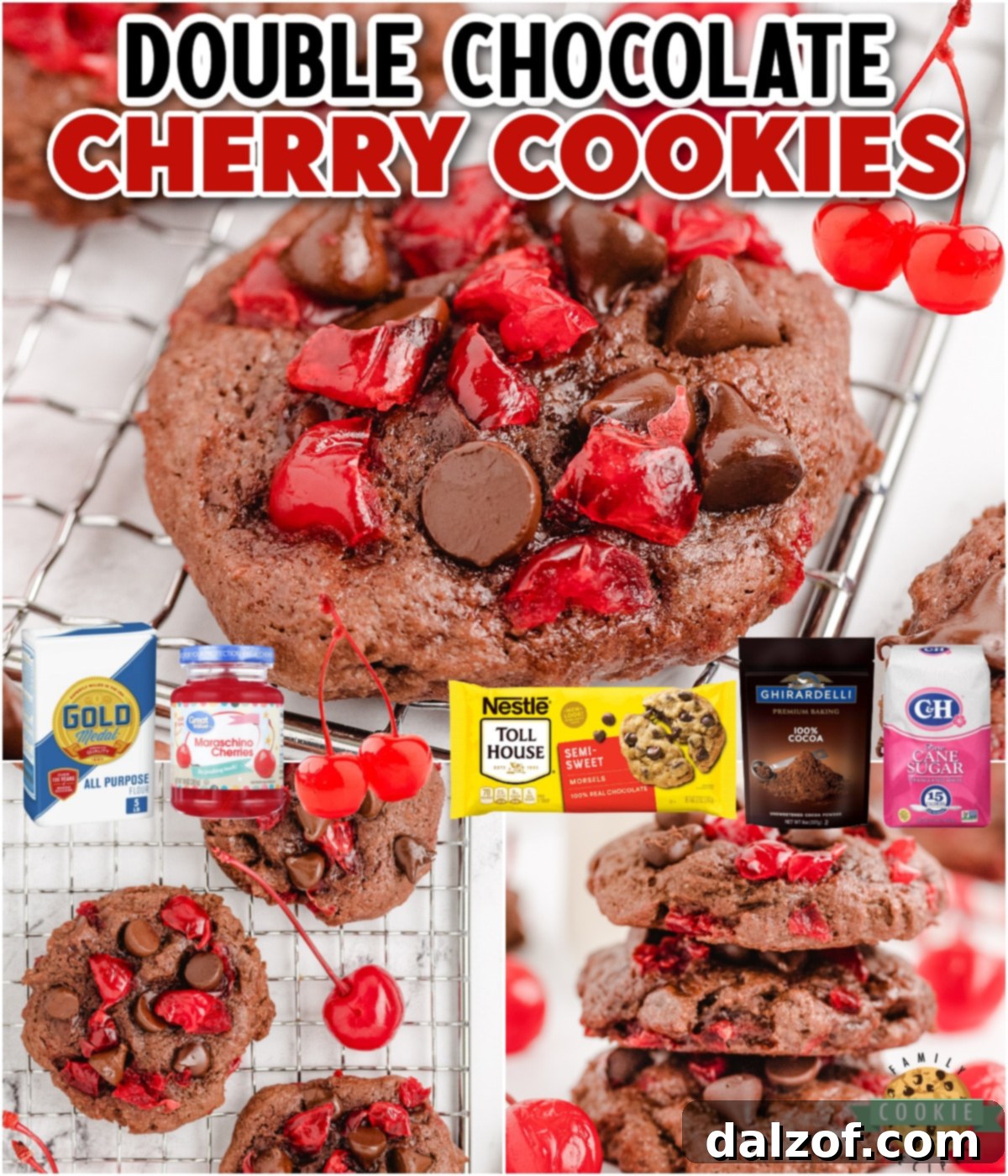 Chocolate Cherry Cookies, a delightful treat reminiscent of Black Forest Cake in cookie form. These soft and chewy chocolate cookies are packed with chocolate chips and juicy cherry bits, offering an irresistible flavor combination.