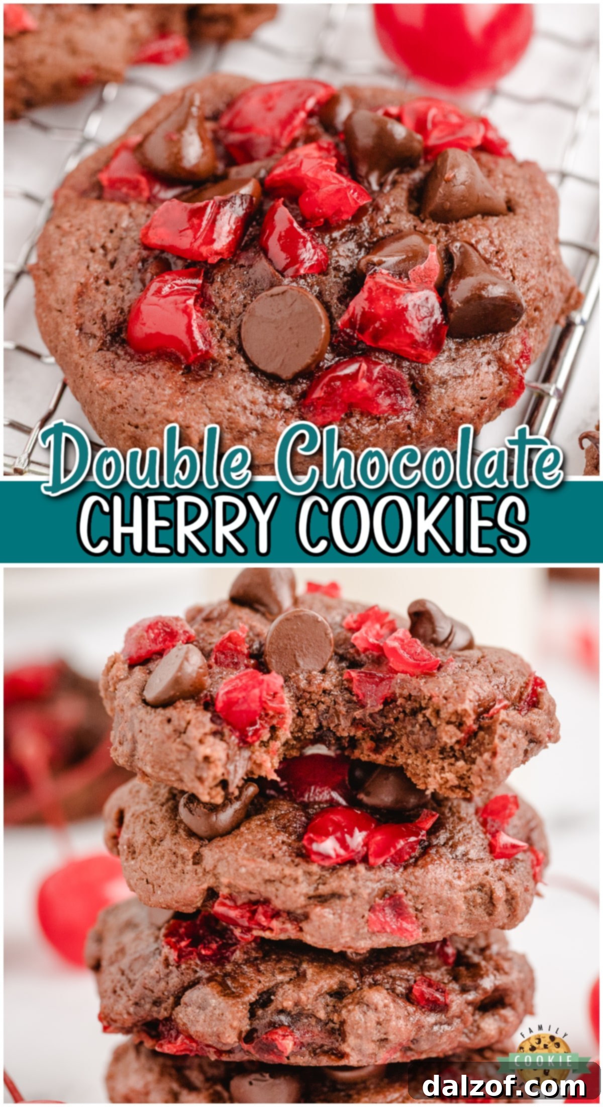 A beautiful Pinterest-ready image of Double Chocolate Cherry Cookies, highlighting their resemblance to Black Forest Cake with soft & chewy chocolate cookies, chocolate chips, & cherry bits.